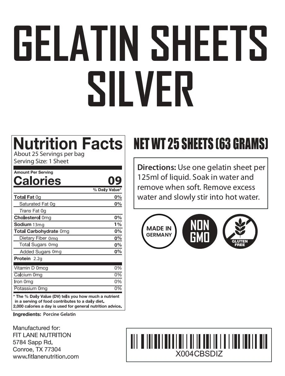 Silver Gelatin Sheets for Baking – 25 Count (63 Grams) – Unflavored Clear Leaf Rectangles for Desserts – 170 Bloom Strength – Product of Germany – Easy to Use – by Fit Lane Nutrition