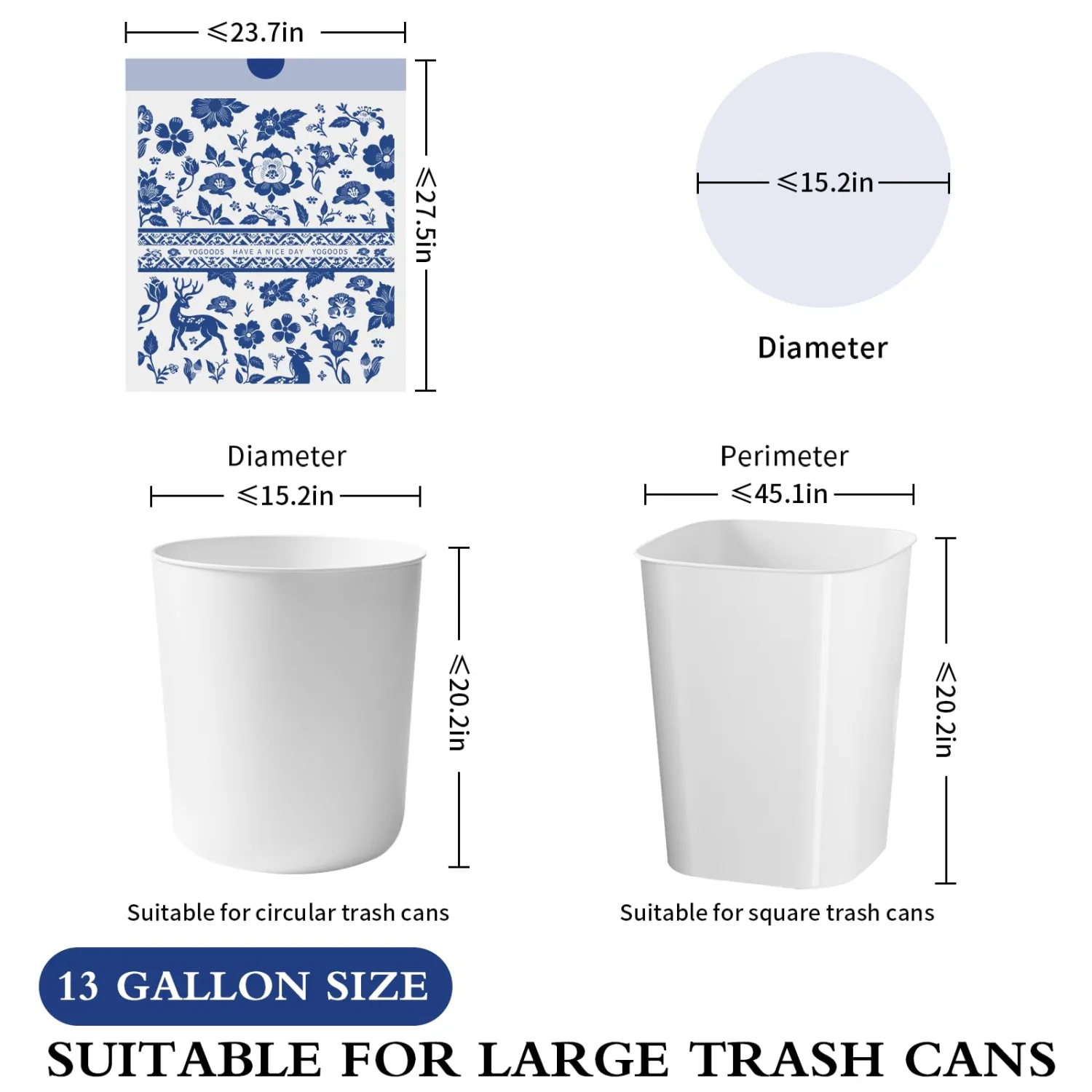 VOK 13 Gallon Trash Bags Drawstring, Leakproof Printed Tall Kitchen Garbage Bags, Tear-Resistant & Odor Control Trash Bags for Home/Office, Colored Portable 13 Gallon Garbage Bags, 80 Counts