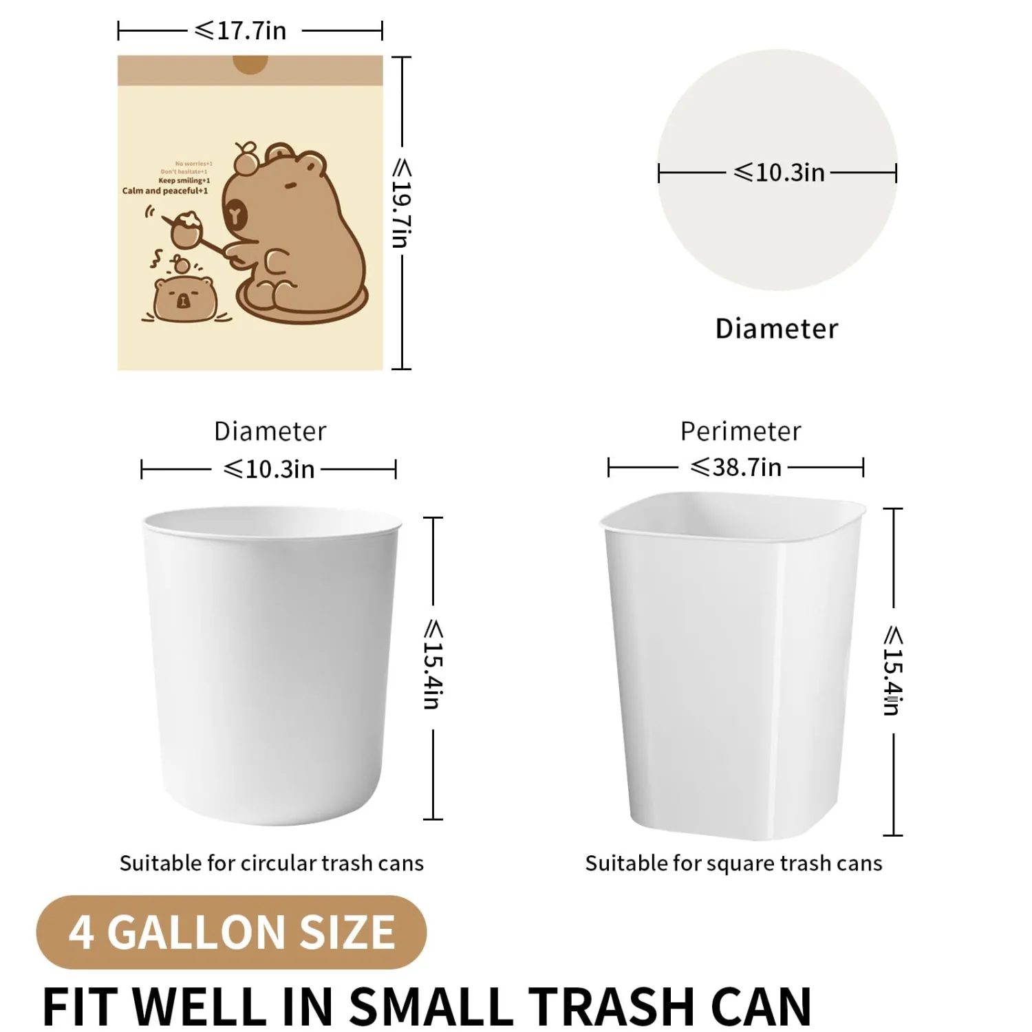 VOK 4 Gallon Trash Bags with Capybara Printed, Drawstring Small Garbage Bags, Tear-Resistant & Odor-Control Bathroom/Kitchen Trash Can Liners, Bathroom Trash Bags with Secure Tie, 50 Counts
