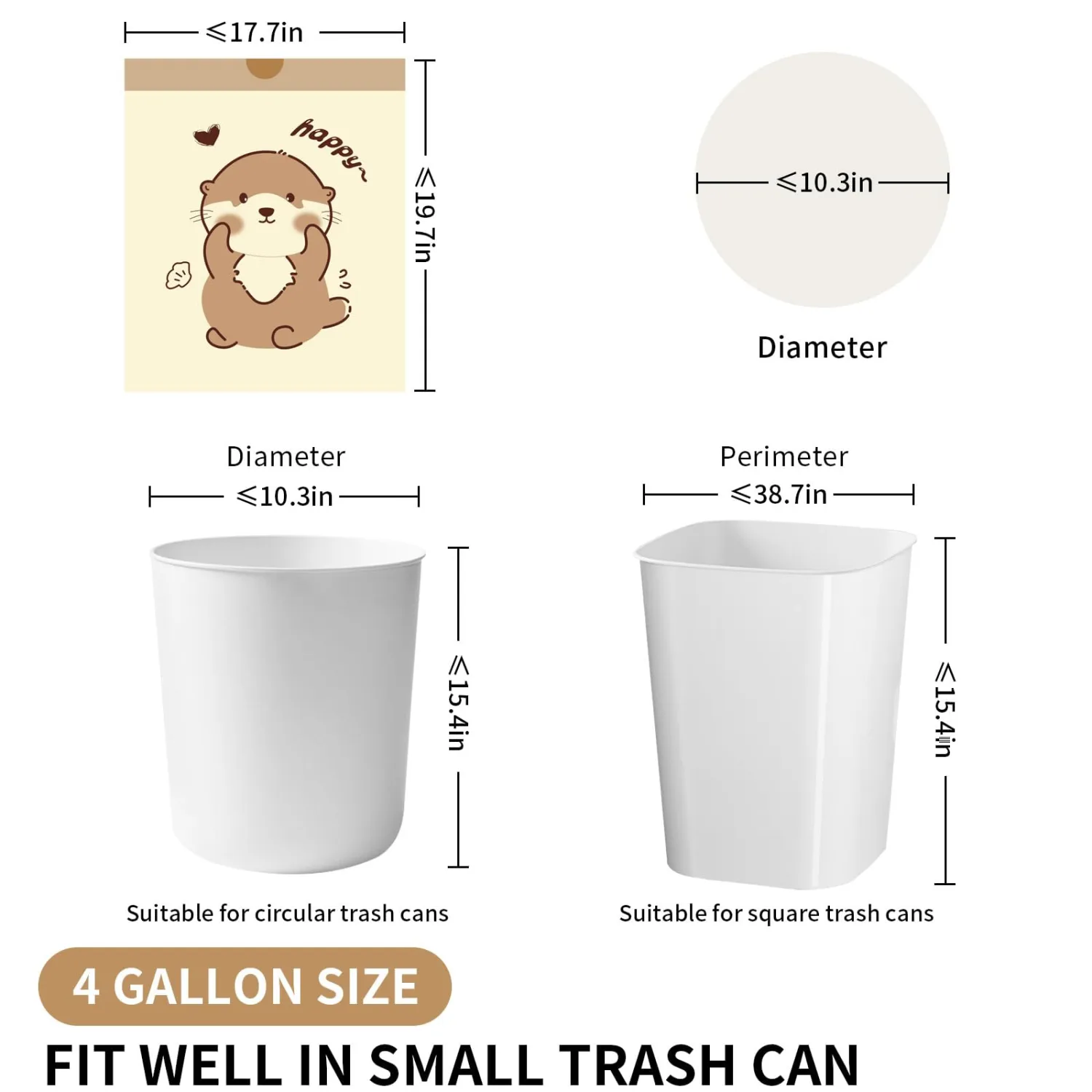 VOK 4 Gallon Trash Bags with Otters Printed, Drawstring Small Garbage Bags, Tear-Resistant & Odor-Control Bathroom/Kitchen Trash Can Liners, Bathroom Trash Bags with Secure Tie, 55 Counts