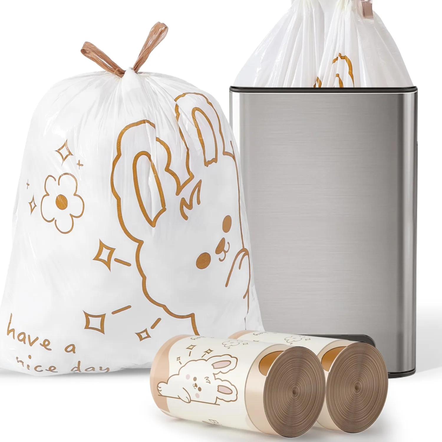 13 Gallon Trash Bags with Cute Rabbit Printed & Drawstring, Tear-Resistant Tall Kitchen Garbage Bags, Heavy-Duty Large Trash Can Liners for Home/Office, 50 Counts 2 Liters