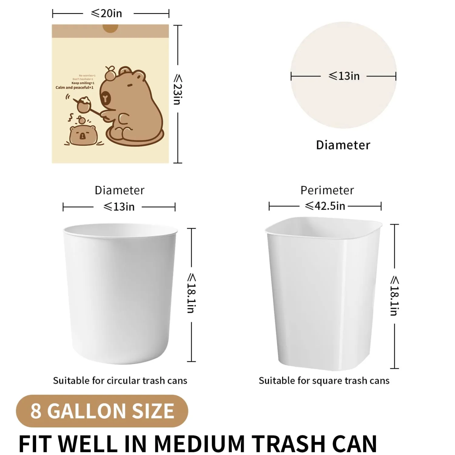 VOK 8 Gallon Trash Bags with Capybara Printed, Drawstring Medium Garbage Bags, Tear-Resistant & Leak-Proof Kitchen/Office Trash Can Liners, Trash Bags 8 Gallon with Secure Tie, 50 Counts