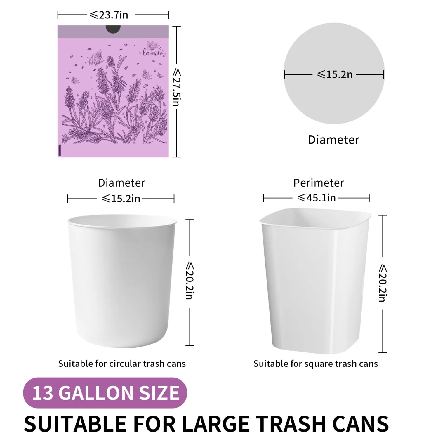 VOK 13 Gallon Trash Bags with Lavender Print & Drawstring, Tear-Resistant Tall Kitchen Garbage Bags, Heavy-Duty Large Garbage Bags for Home, 50 Counts 2 Liters