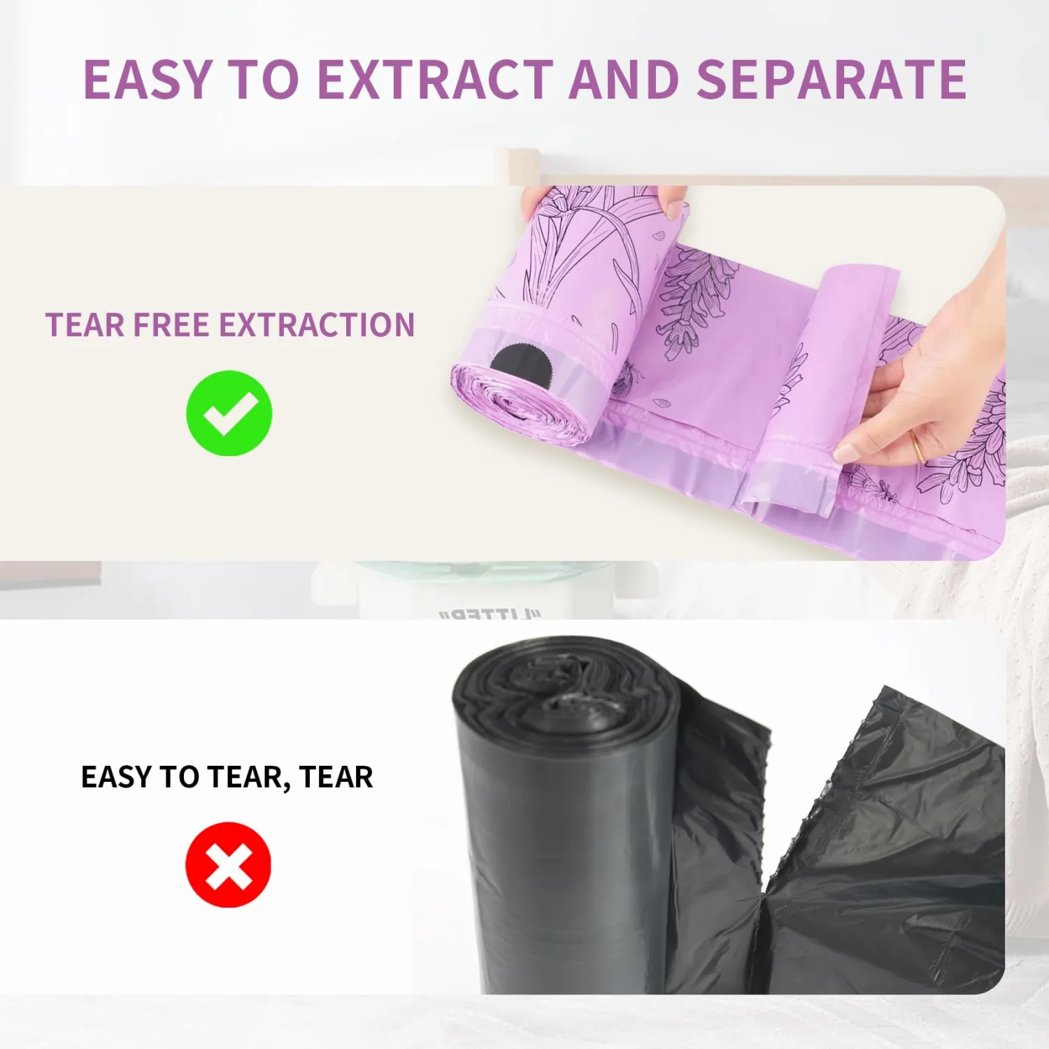 VOK 13 Gallon Trash Bags with Lavender Print & Drawstring, Tear-Resistant Tall Kitchen Garbage Bags, Heavy-Duty Large Garbage Bags for Home, 50 Counts 2 Liters