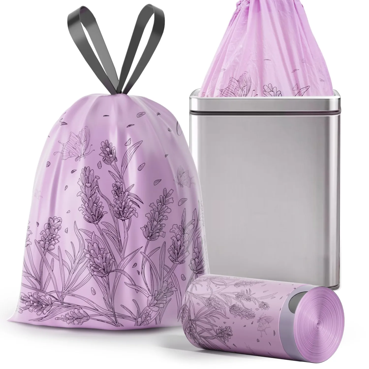 VOK 13 Gallon Trash Bags with Lavender Print & Drawstring, Tear-Resistant Tall Kitchen Garbage Bags, Heavy-Duty Large Garbage Bags for Home, 50 Counts 2 Liters
