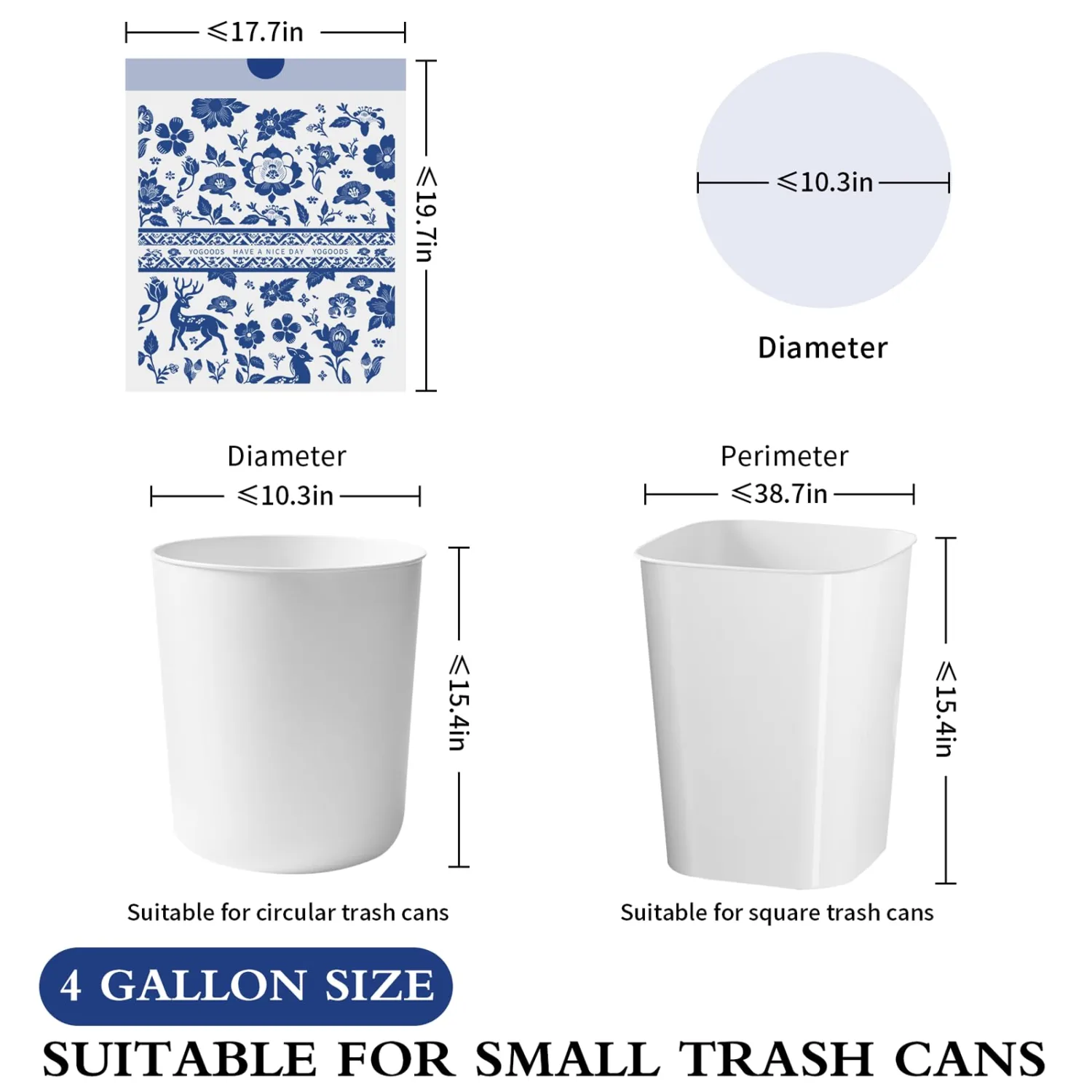 VOK 4 Gallon Trash Bags Drawstring, Printed Small Garbage Bags with Secure Tie, Tear-Resistant & Leakproof Design for Bathroom/Bedroom, Decorative Odor-Control Trash Can Liners, 160 Counts