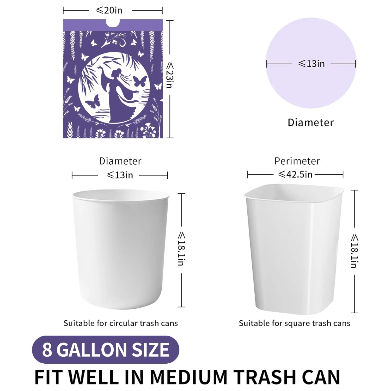VOK 8 Gallon Trash Bags Drawstring, Medium Trash Bags for Office, Kitchen, Bedroom Trash Cans, Colored Portable Sturdy Garbage Bags 8 Gallon with Lavender Scent, 60 Counts 1.5 Liters