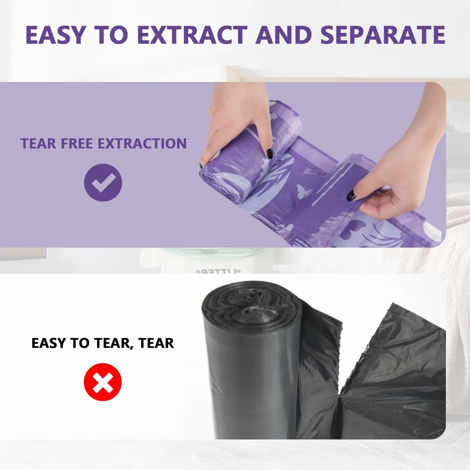 VOK 8 Gallon Trash Bags Drawstring, Medium Trash Bags for Office, Kitchen, Bedroom Trash Cans, Colored Portable Sturdy Garbage Bags 8 Gallon with Lavender Scent, 60 Counts 1.5 Liters