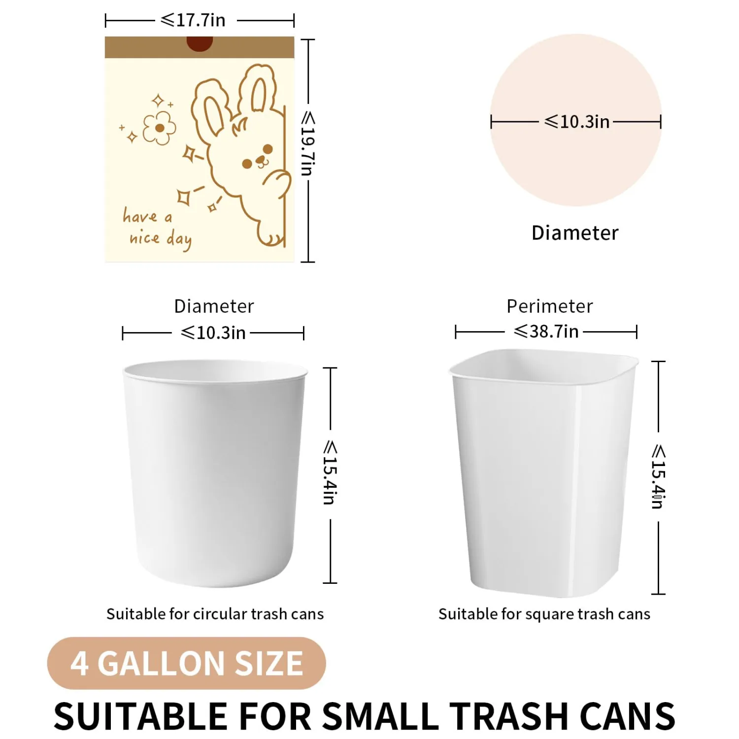 4 Gallon Trash Bags with Cute Rabbit Printed & Drawstring, Tear-Resistant Small Bathroom Garbage Bags, Heavy-Duty Trash Can Liners for Home/Office, 60 Counts 1.5 Liters