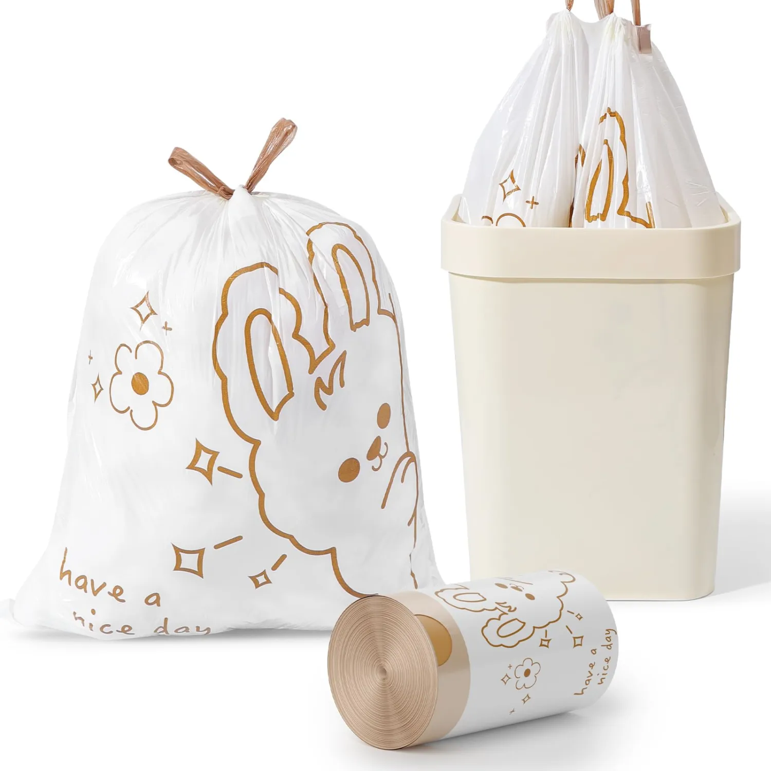 4 Gallon Trash Bags with Cute Rabbit Printed & Drawstring, Tear-Resistant Small Bathroom Garbage Bags, Heavy-Duty Trash Can Liners for Home/Office, 60 Counts 1.5 Liters