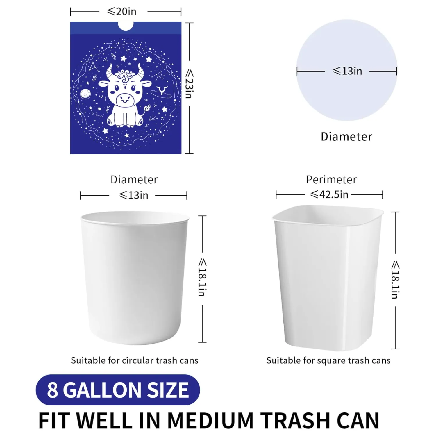 VOK 8 Gallon Trash Bags Drawstring, Medium Trash Bags for Office, Kitchen, Bedroom Trash Cans, Colored Portable Sturdy Garbage Bags 8 Gallon with Cute Cow Printed, 60 Counts 2 Liters