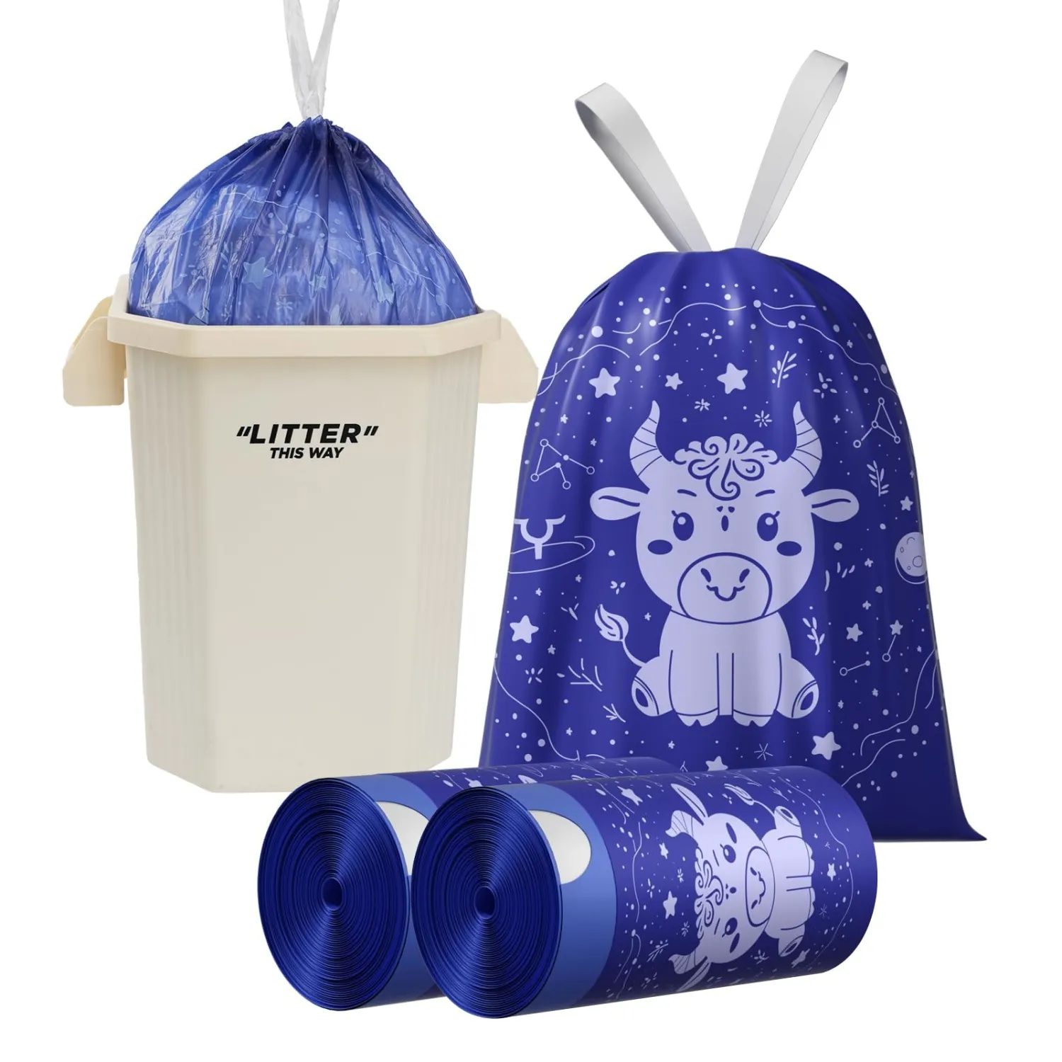 VOK 8 Gallon Trash Bags Drawstring, Medium Trash Bags for Office, Kitchen, Bedroom Trash Cans, Colored Portable Sturdy Garbage Bags 8 Gallon with Cute Cow Printed, 60 Counts 2 Liters