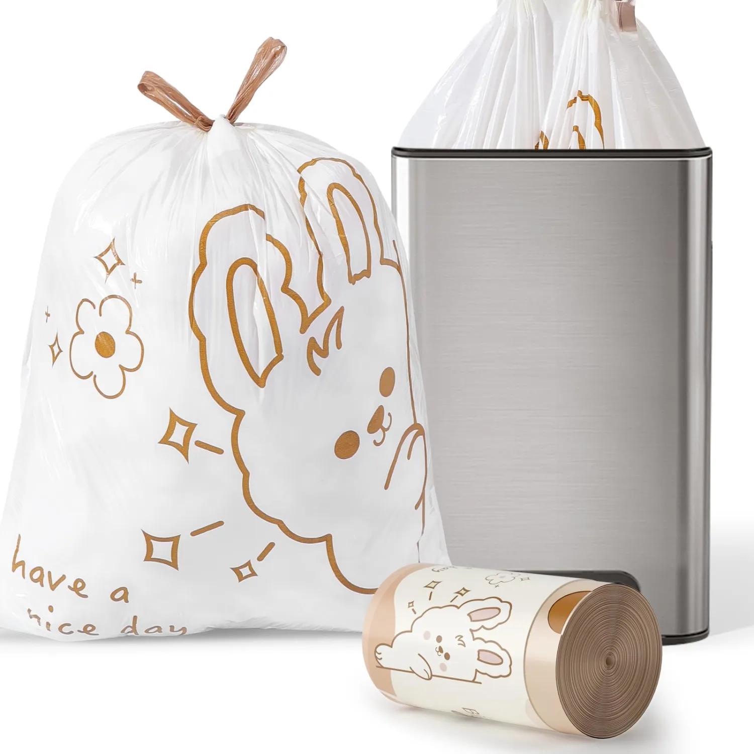 13 Gallon Trash Bags with Cute Rabbit Printed & Drawstring, Tear-Resistant Tall Kitchen Garbage Bags, Heavy-Duty Large Trash Can Liners for Home/Office, 25 Counts 2 Liters