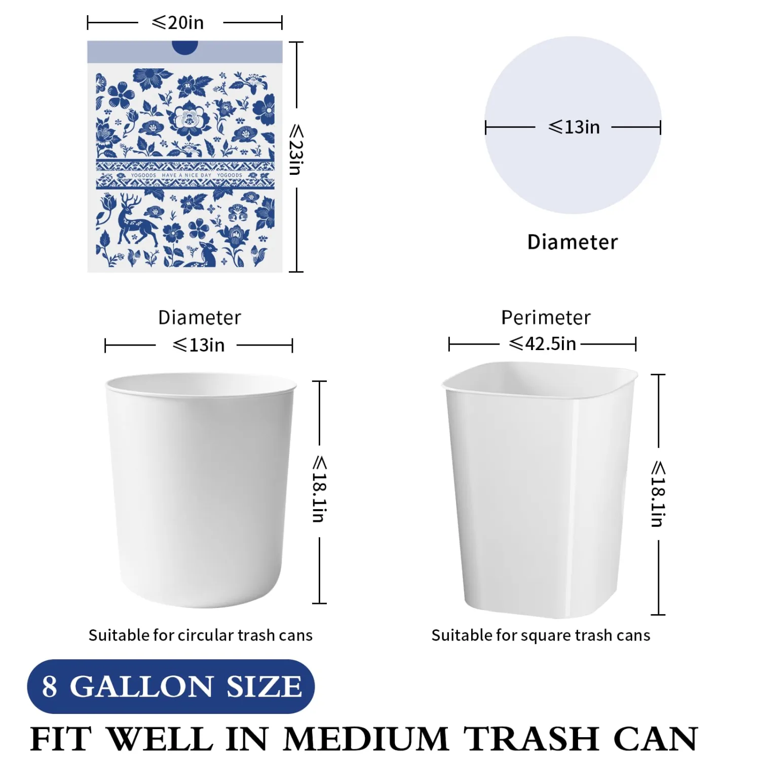 VOK 8 Gallon Trash Bags Drawstring, Printed Medium Garbage Bags with Secure Tie, Leakproof & Thick Tear-Resistant Design for Kitchen/Bathroom, Decorative Odor-Control Trash Bags,116 Counts