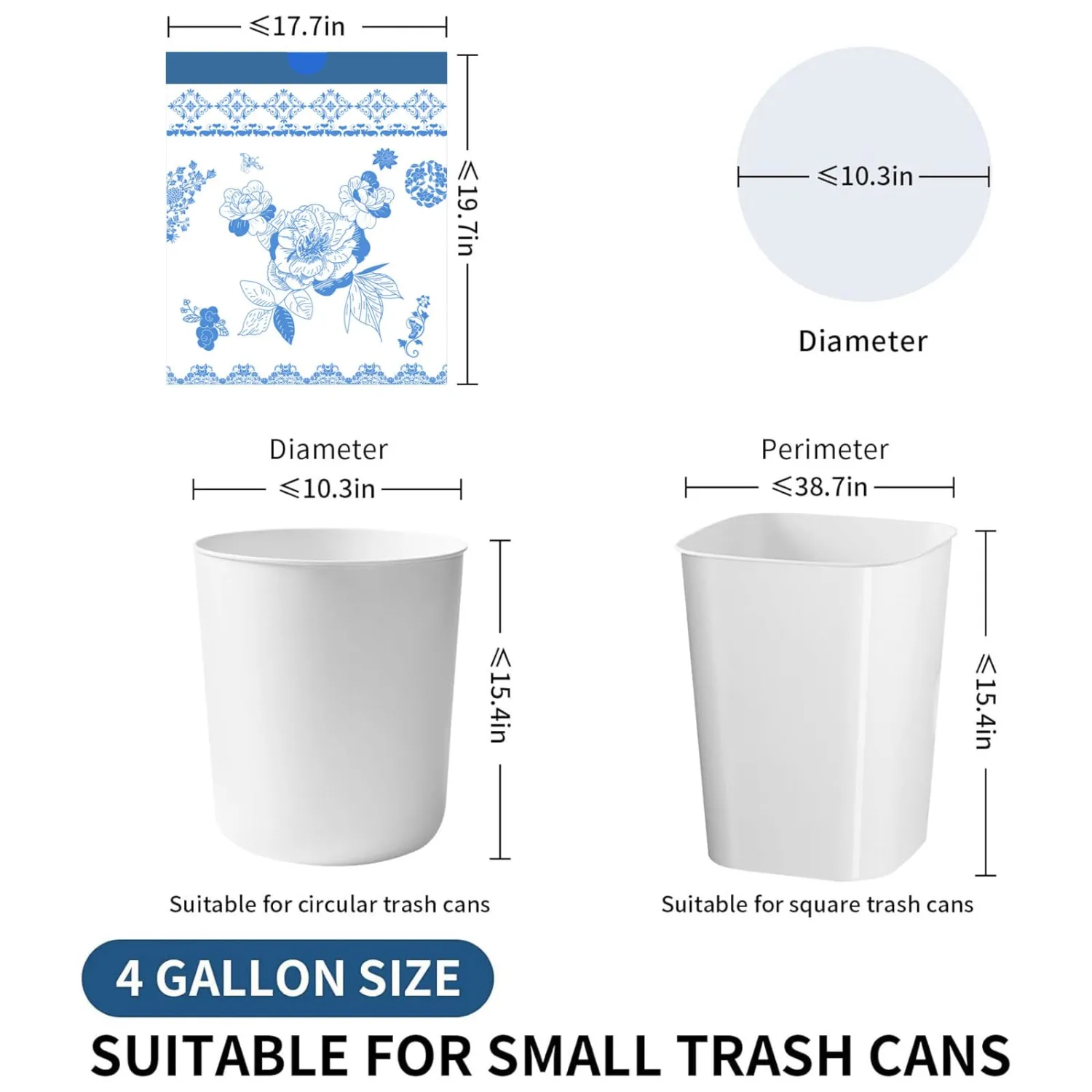 VOK 4 Gallon Trash Bags Drawstring, 4 Gallon Garbage Bags, Small Trash Bags for Office, Kitchen, Bedroom Trash Cans, Colorful and Sturdy Small Garbage Bags with Beautiful Flower Printed, 78 Counts