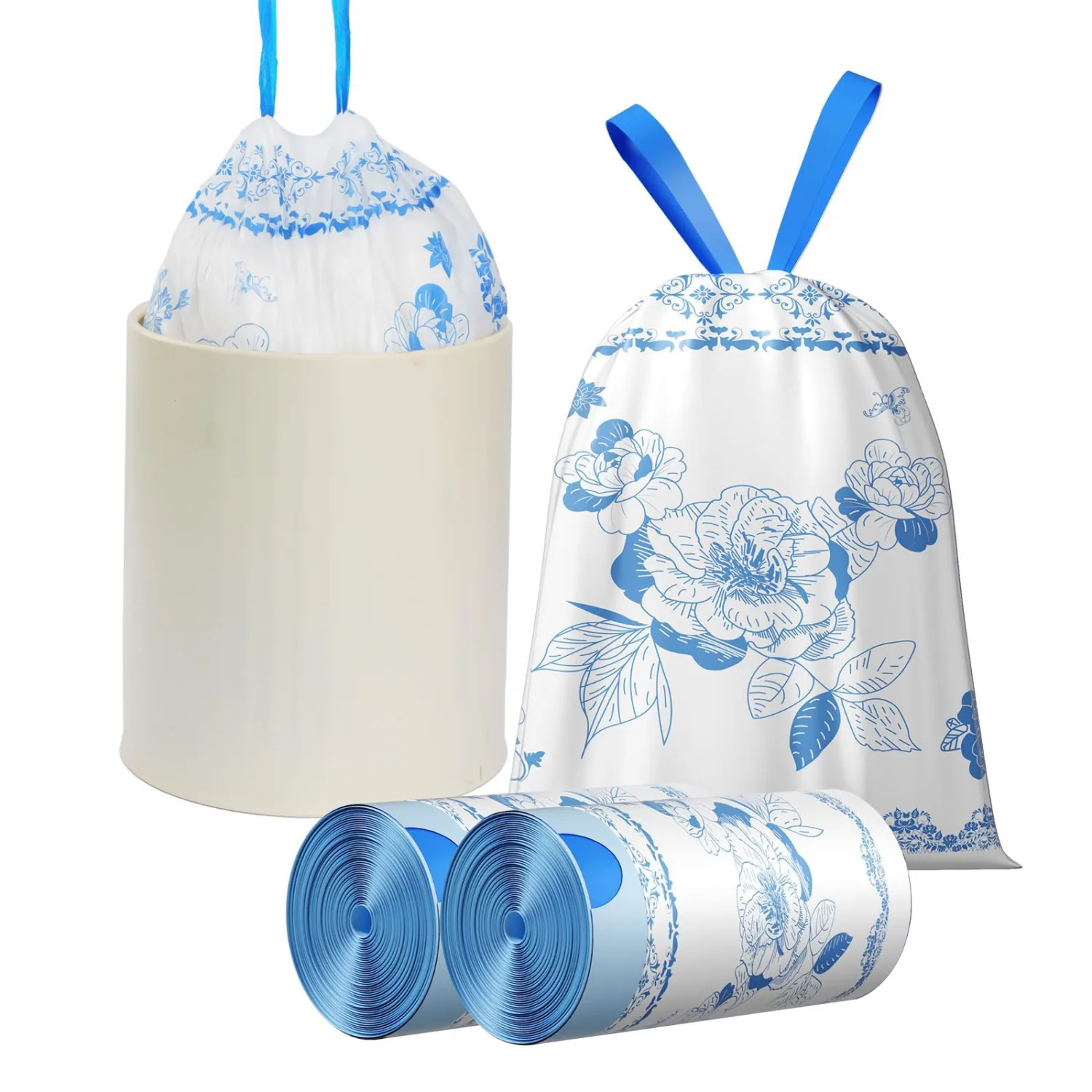 VOK 4 Gallon Trash Bags Drawstring, 4 Gallon Garbage Bags, Small Trash Bags for Office, Kitchen, Bedroom Trash Cans, Colorful and Sturdy Small Garbage Bags with Beautiful Flower Printed, 78 Counts