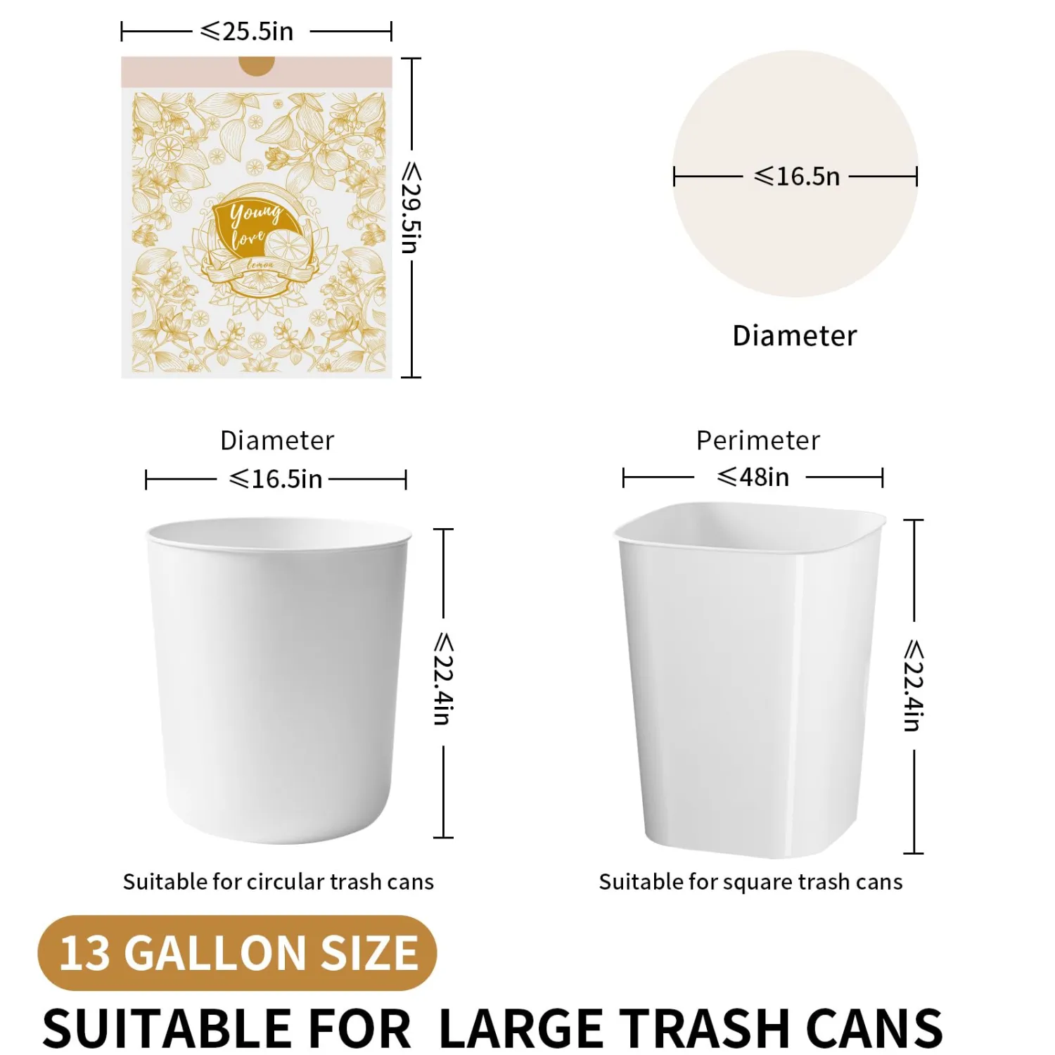 VOK 13 Gallon Trash Bags with Lemon Print & Drawstring, Tear-Resistant Tall Kitchen Garbage Bags, Heavy-Duty Large Garbage Bags for Home, 50 Counts 2 Liters