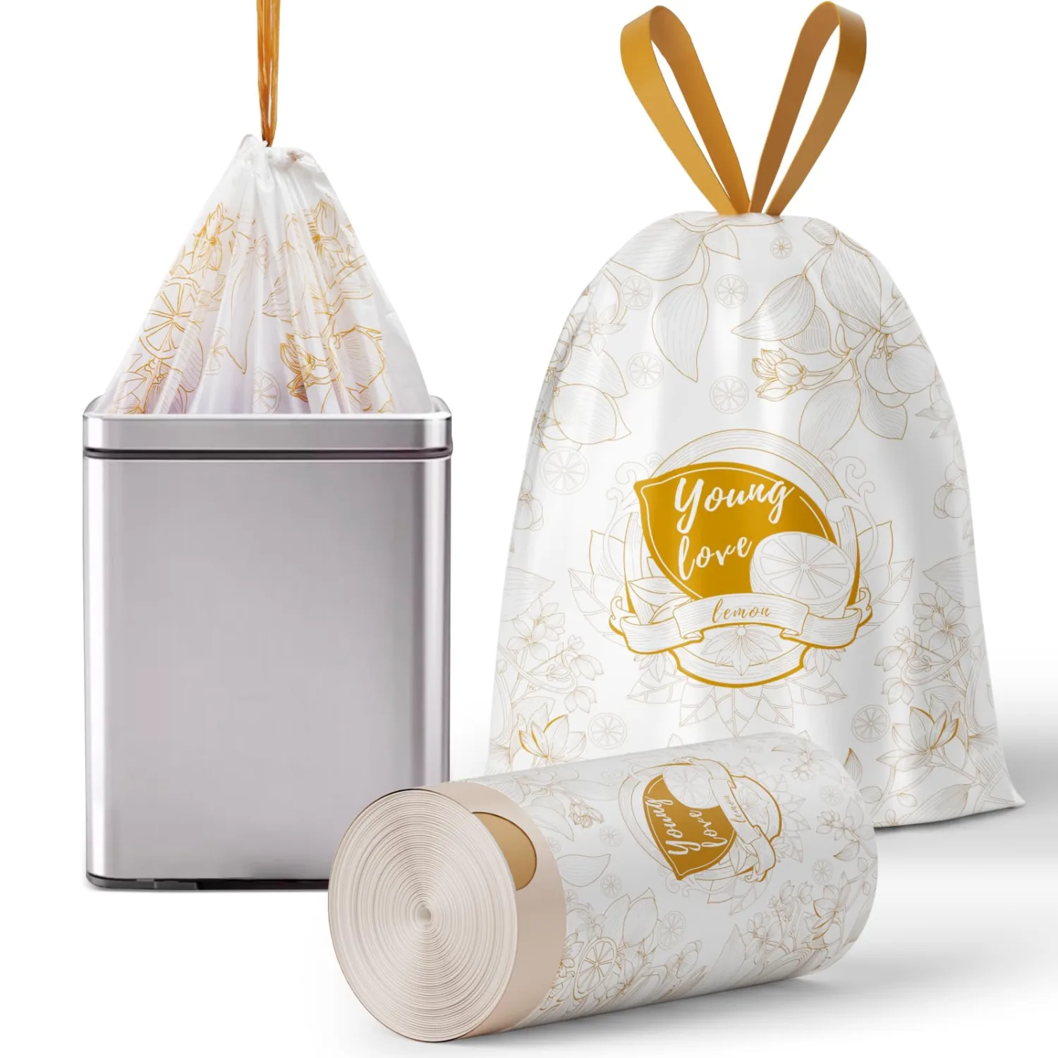VOK 13 Gallon Trash Bags with Lemon Print & Drawstring, Tear-Resistant Tall Kitchen Garbage Bags, Heavy-Duty Large Garbage Bags for Home, 50 Counts 2 Liters