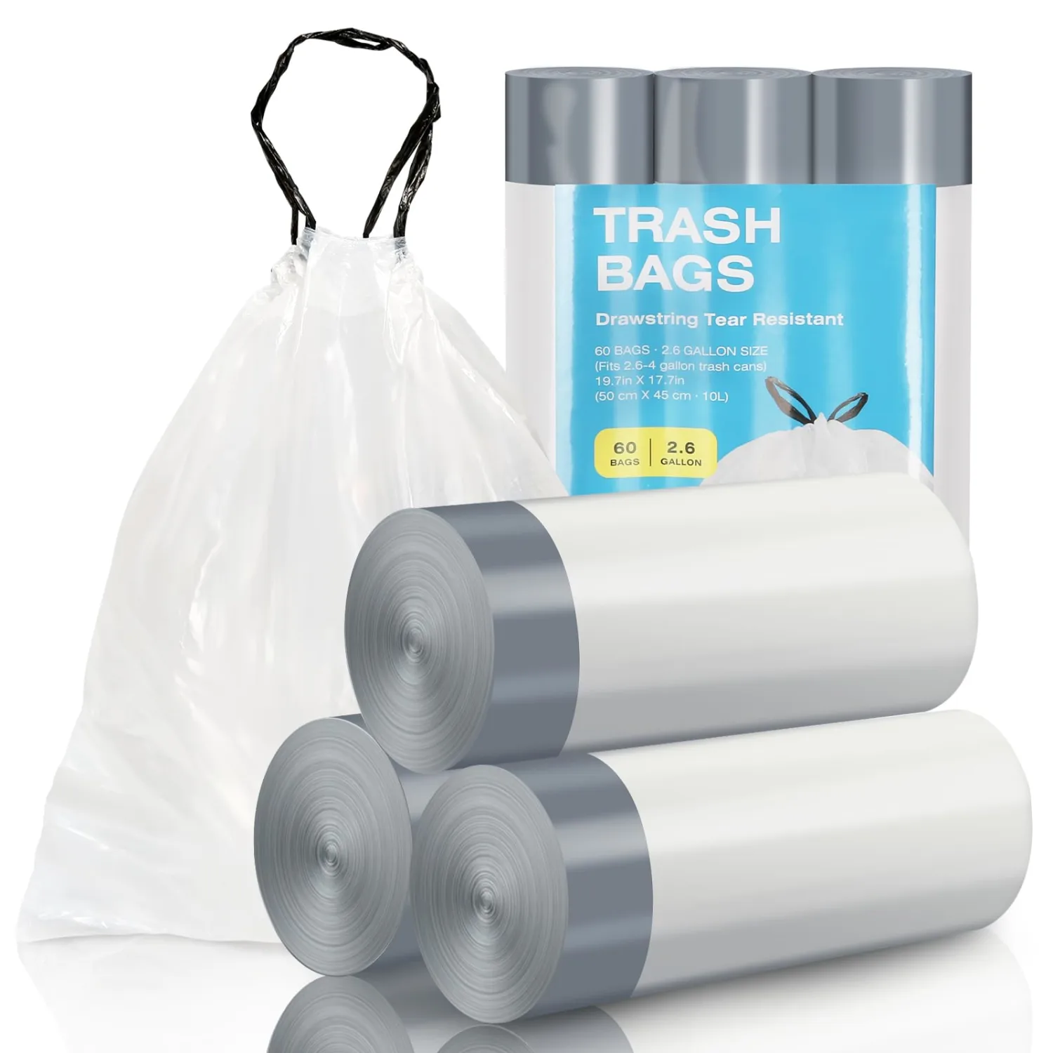 ELPHECO 2.6 Gallon Trash Bags 60 Counts - For 2.5-4 Gallon Trash Cans, Strong Drawstring Garbage Bags, Clear Leakage-Free Trash Bag, Tear free Garbage Bags, 60 Count / 3 Rolls