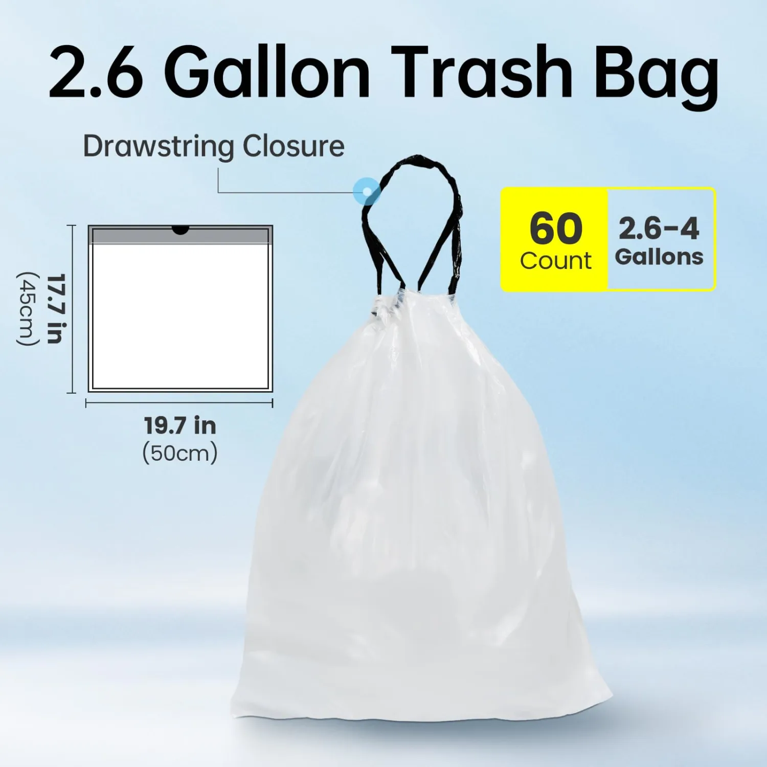 ELPHECO 2.6 Gallon Trash Bags 60 Counts - For 2.5-4 Gallon Trash Cans, Strong Drawstring Garbage Bags, Clear Leakage-Free Trash Bag, Tear free Garbage Bags, 60 Count / 3 Rolls
