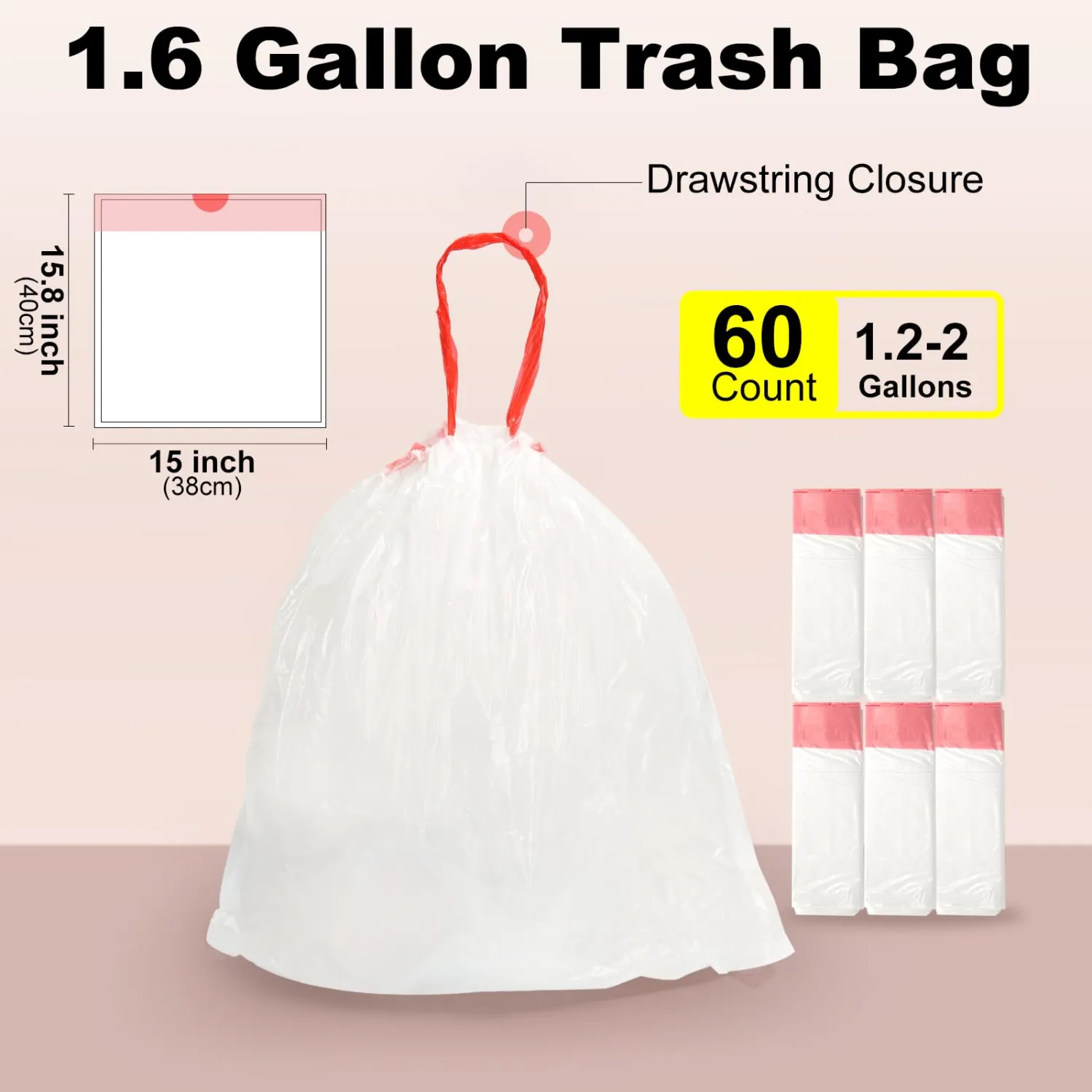 ELPHECO 1.6 Gallon Small Trash Bags 60 Count - For 1.2-2 Gallon Trash Cans, 4.5-8L Drawstring Garbage Bags, Strong Bathroom Trash Bags, Clear Tear free Garbage Bags, 60 Count / 6 Rolls