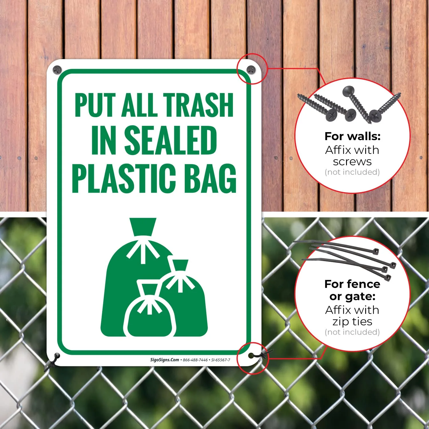 Put All Trash in Sealed Plastic Bags Sign, 10x7 Inches, 55 mil Thick HDPS (high Density polystyrene), Made in USA