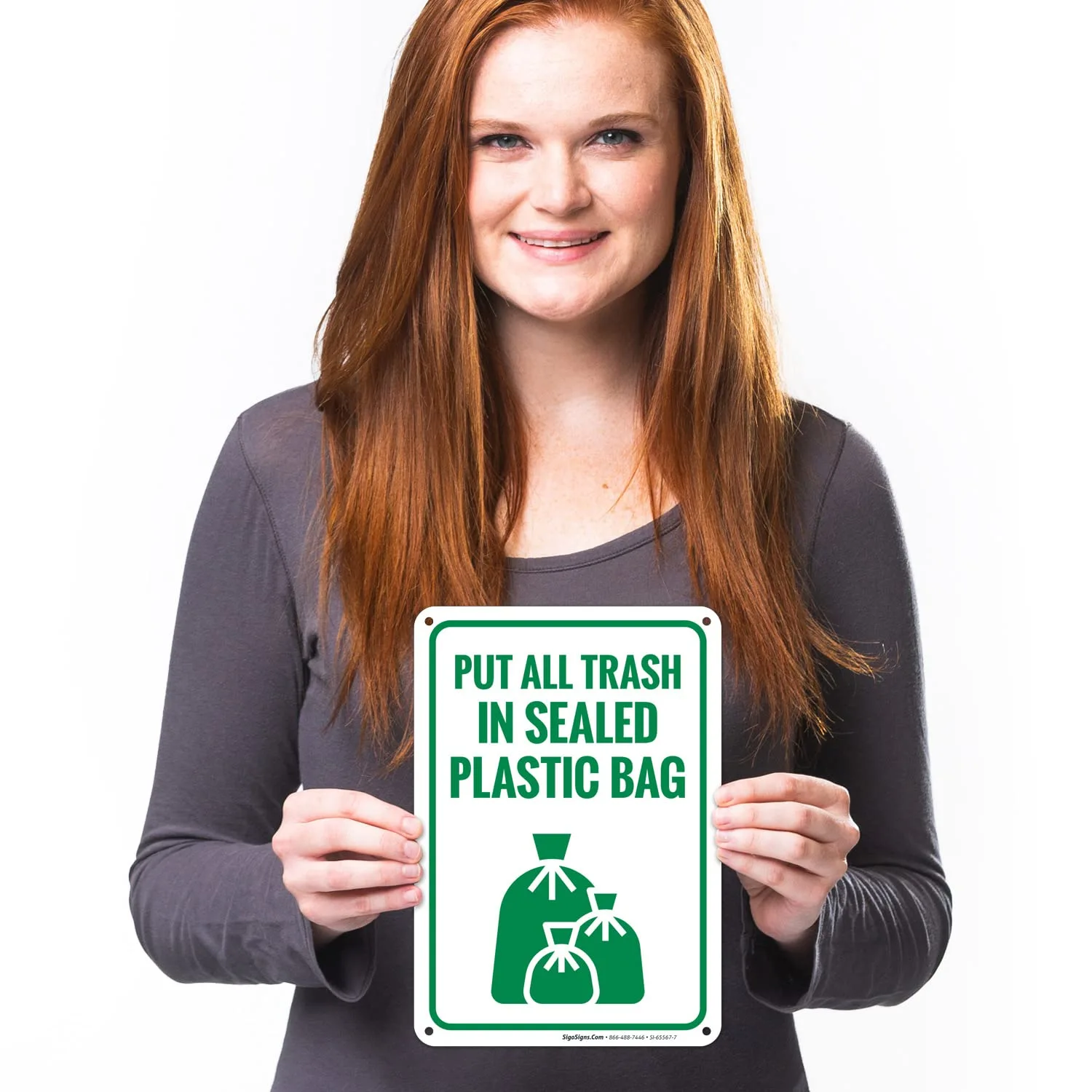 Put All Trash in Sealed Plastic Bags Sign, 10x7 Inches, 55 mil Thick HDPS (high Density polystyrene), Made in USA