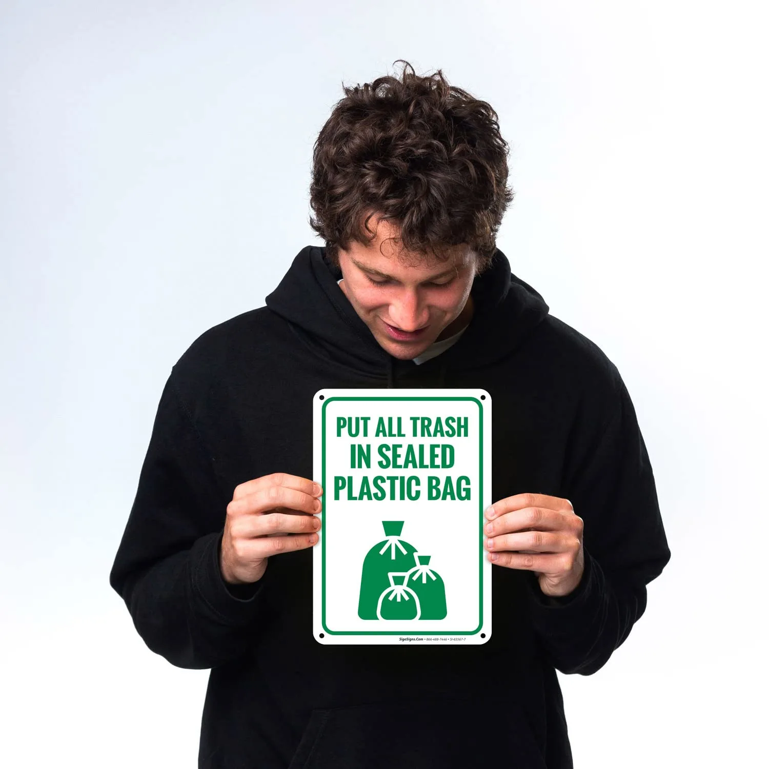 Put All Trash in Sealed Plastic Bags Sign, 10x7 Inches, Rust Free .040 Aluminum, Fade Resistant, Made in USA