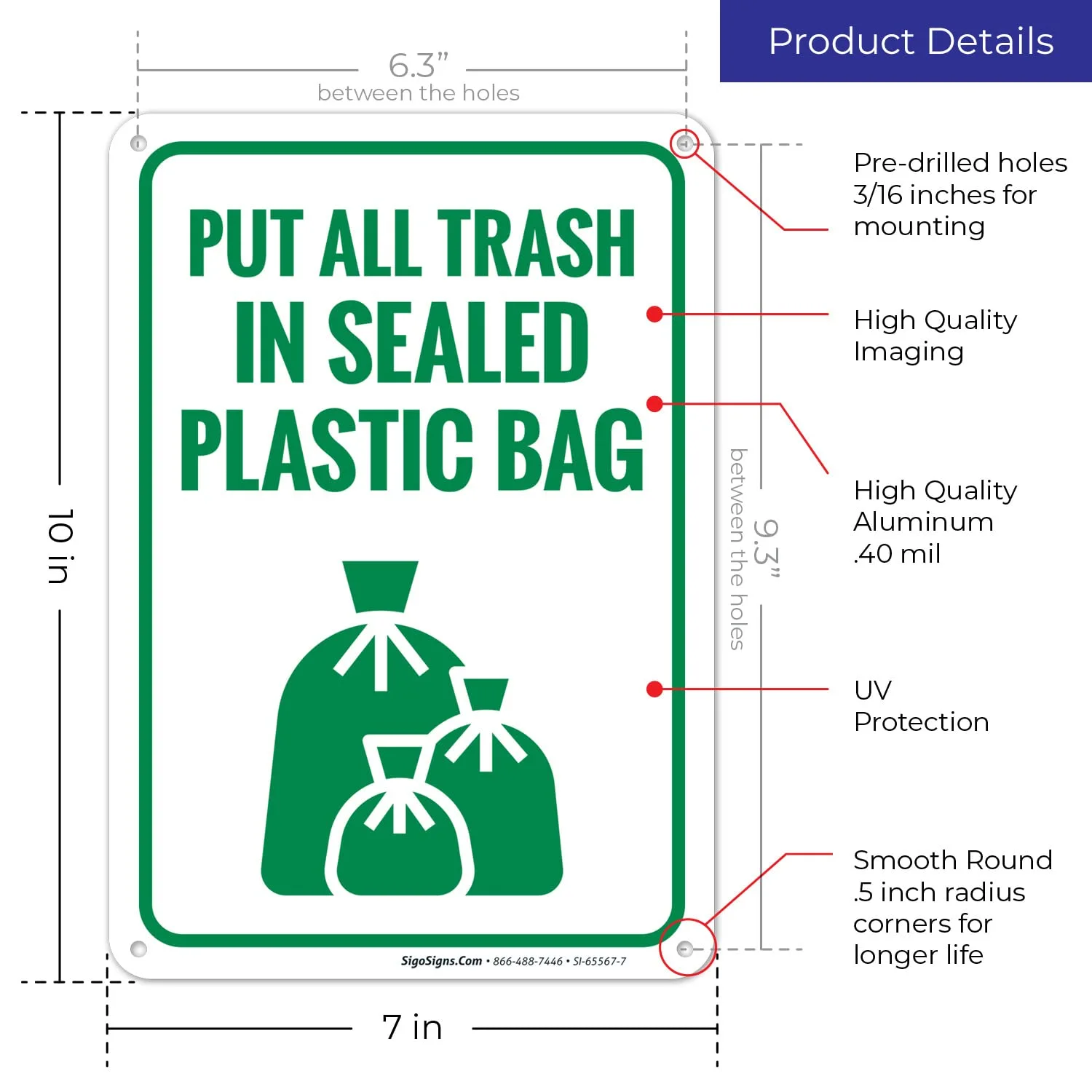 Put All Trash in Sealed Plastic Bags Sign, 10x7 Inches, Rust Free .040 Aluminum, Fade Resistant, Made in USA