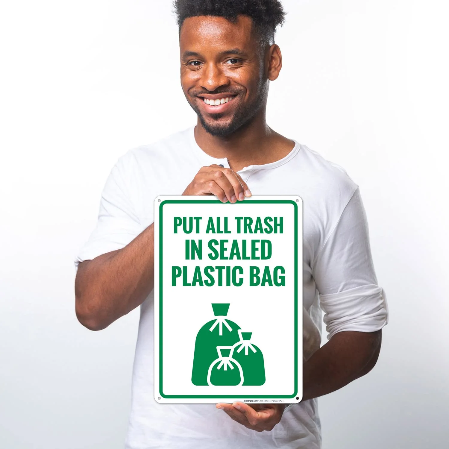 Put All Trash in Sealed Plastic Bags Sign, 10x14 Inches, 55 mil Thick HDPS (high Density polystyrene), Made in USA