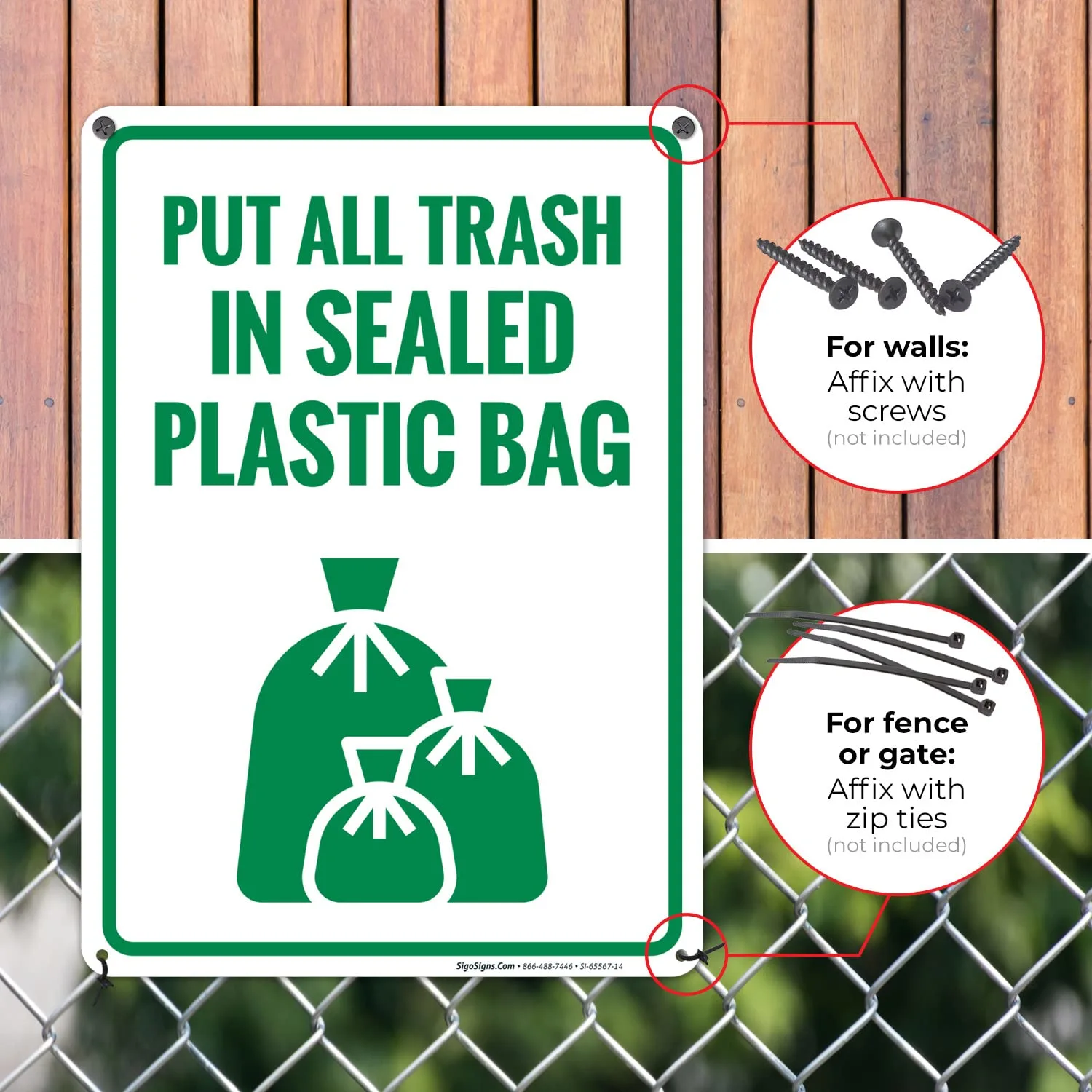 Put All Trash in Sealed Plastic Bags Sign, 10x14 Inches, 55 mil Thick HDPS (high Density polystyrene), Made in USA