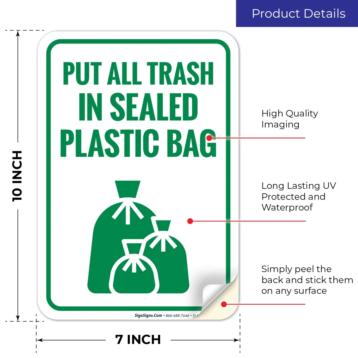 Put All Trash in Sealed Plastic Bags Sign, 10x7 Inches, 4 Mil Vinyl Decal Stickers Weather Resistant, Made in USA