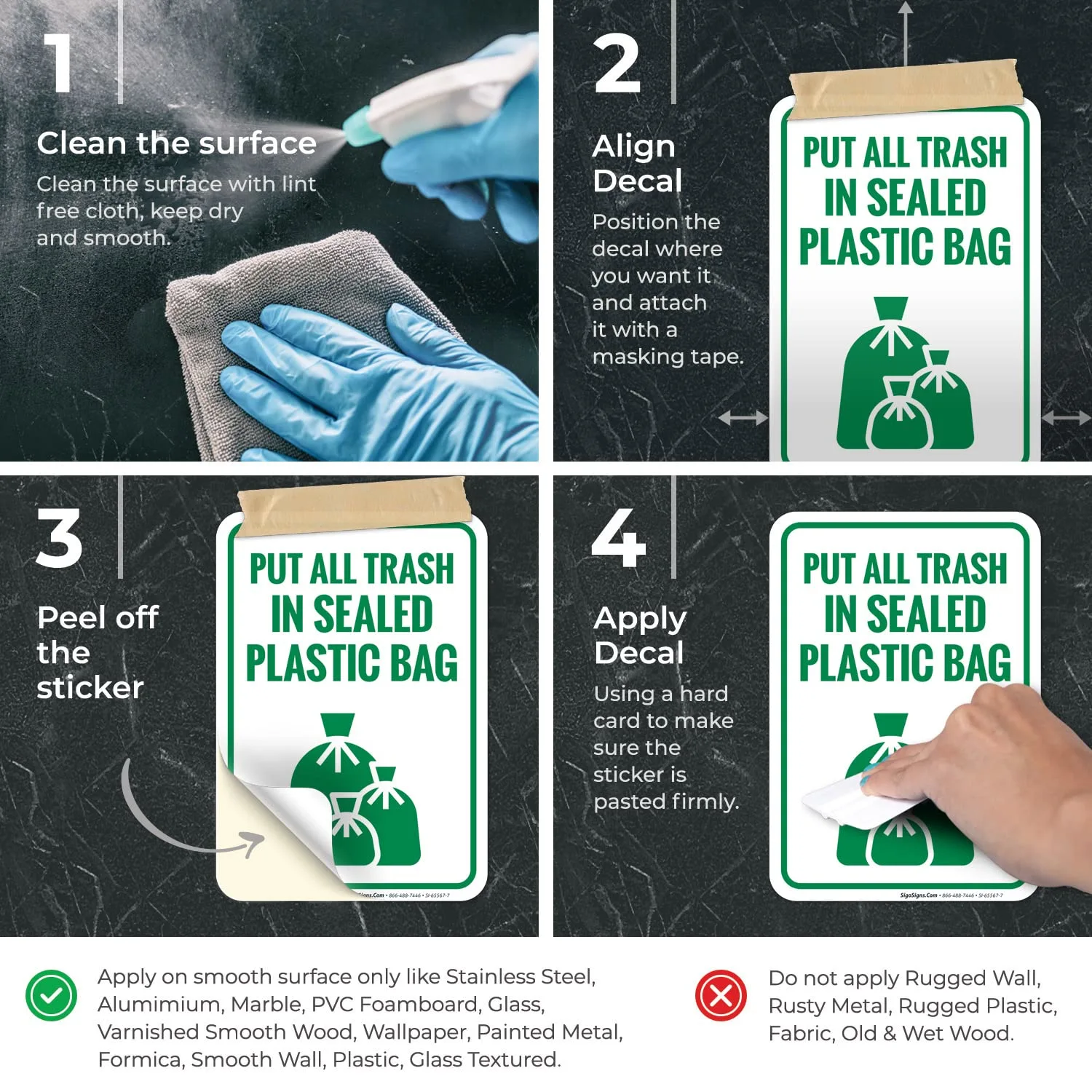 Put All Trash in Sealed Plastic Bags Sign, 10x7 Inches, 4 Mil Vinyl Decal Stickers Weather Resistant, Made in USA