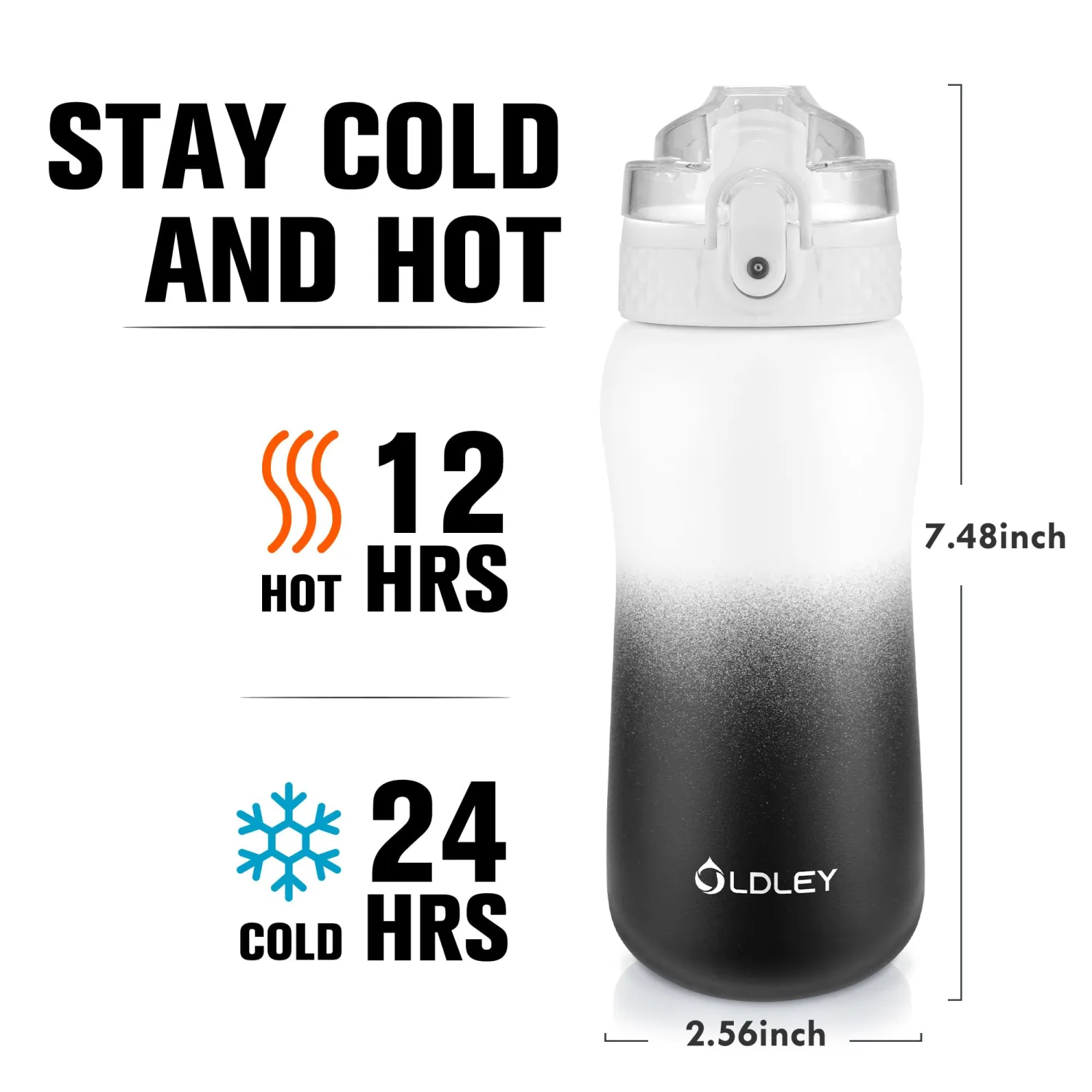OLDLEY Insulated Water Bottle 12oz Water Bottles with Straw, Stainless Steel Water Bottle with 2 Lids, Double Wall Vacuum Bottels for Adults School Kids, Leak-Proof Travel Sport Bottles, White Black