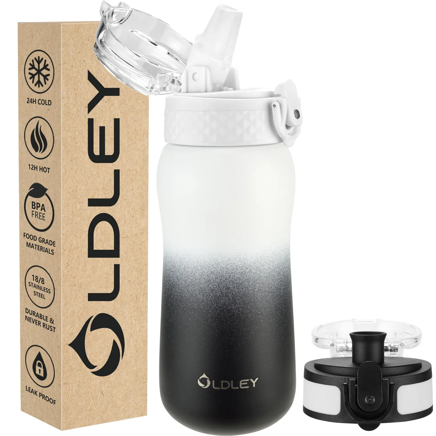 OLDLEY Insulated Water Bottle 12oz Water Bottles with Straw, Stainless Steel Water Bottle with 2 Lids, Double Wall Vacuum Bottels for Adults School Kids, Leak-Proof Travel Sport Bottles, White Black