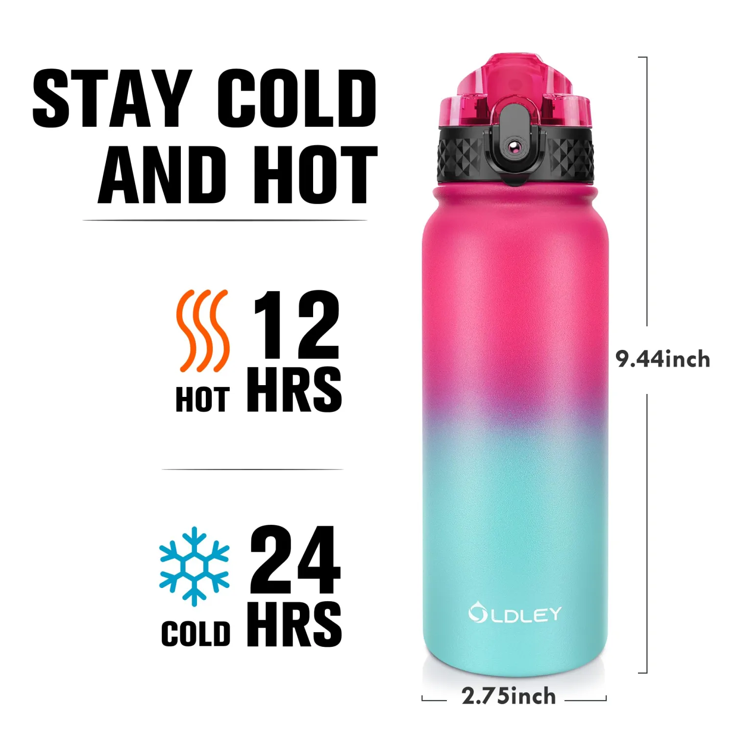 Oldley Insulated Water Bottle 20oz Water Bottles with Straw, Stainless Steel Water Bottle with 3 Lids, Double Wall Vacuum Bottels for Adults School Kids,Leak-Proof Sport Bottles, Rose Red-Green