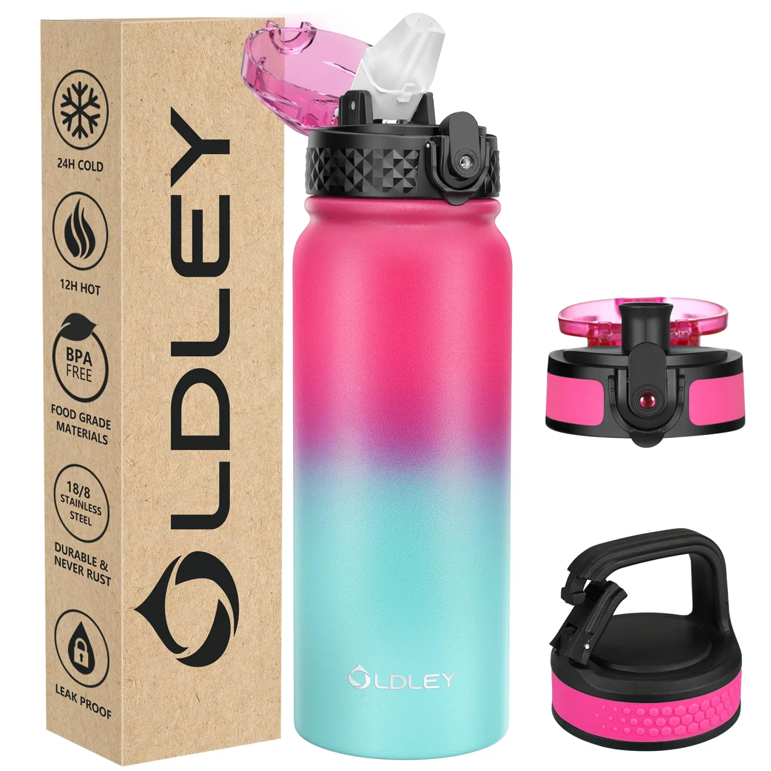 Oldley Insulated Water Bottle 20oz Water Bottles with Straw, Stainless Steel Water Bottle with 3 Lids, Double Wall Vacuum Bottels for Adults School Kids,Leak-Proof Sport Bottles, Rose Red-Green