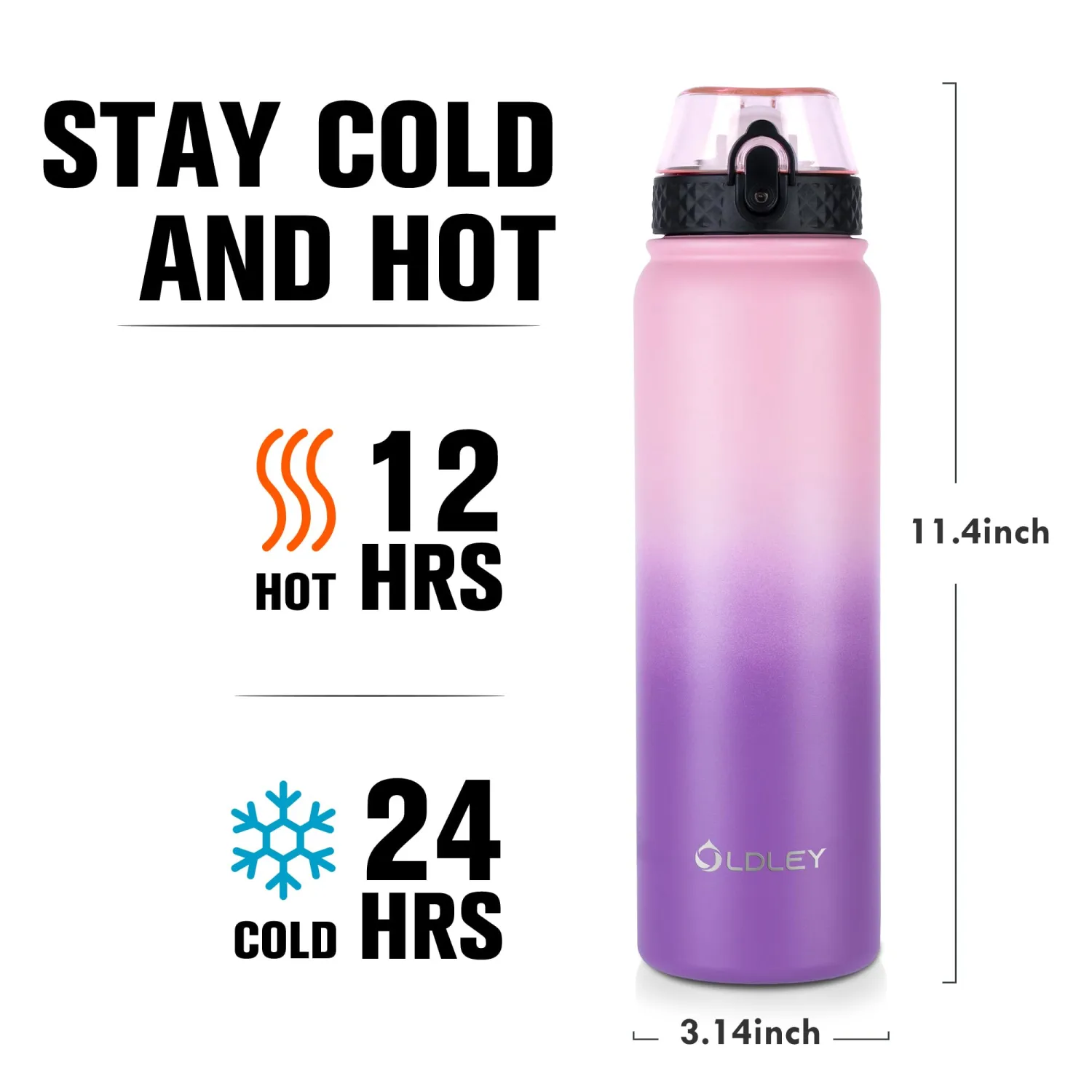 OLDLEY Insulated Water Bottle 32oz Water Bottles with Straw, Stainless Steel Water Bottle with 3 Lids, Double Wall Vacuum Bottles for Adult Kids, Sports Bottles for School Travel,Ombre Pink-Purple