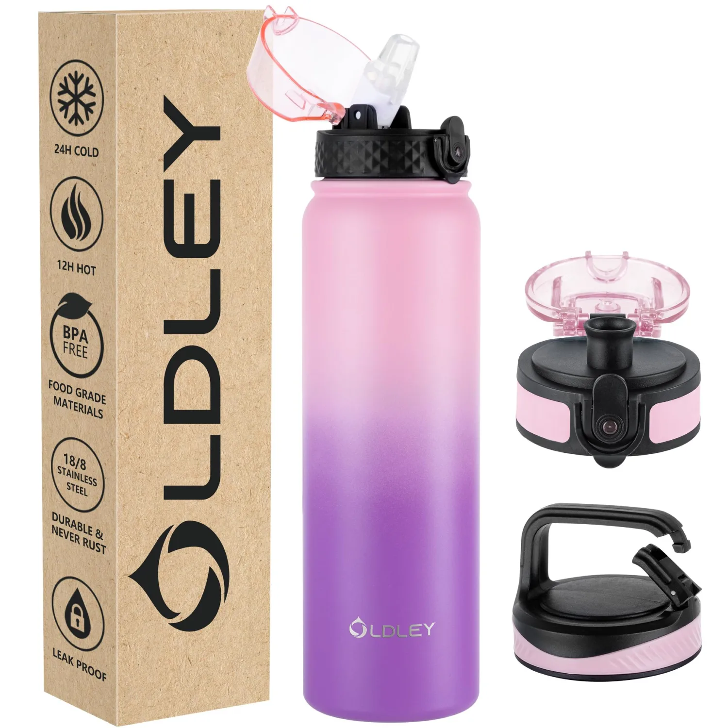 OLDLEY Insulated Water Bottle 32oz Water Bottles with Straw, Stainless Steel Water Bottle with 3 Lids, Double Wall Vacuum Bottles for Adult Kids, Sports Bottles for School Travel,Ombre Pink-Purple