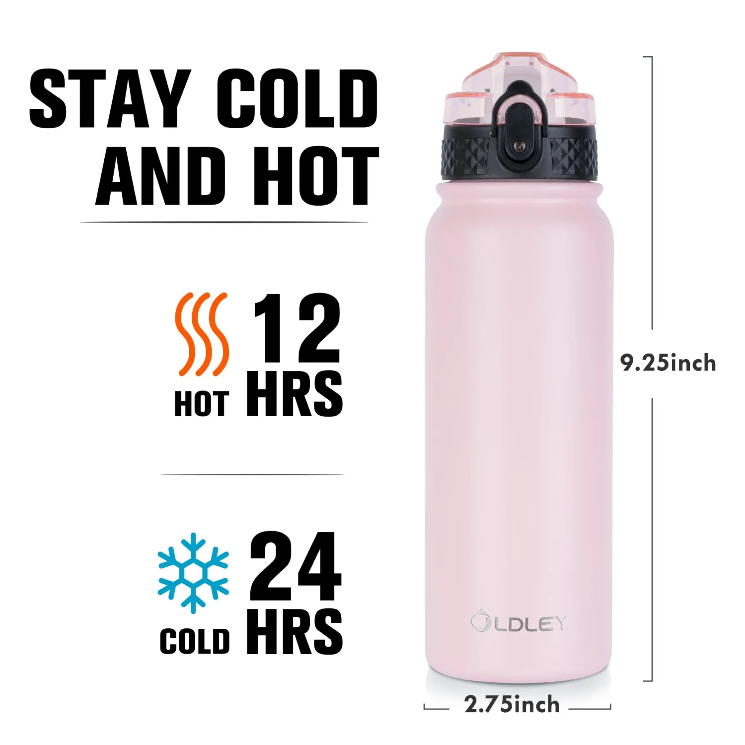 Oldley Insulated Water Bottle 20oz Water Bottles with Straw, Stainless Steel Water Bottle with 3 Lids, Double Wall Vacuum Bottles for Adult Kids, Sports Bottles for School Travel, Pink