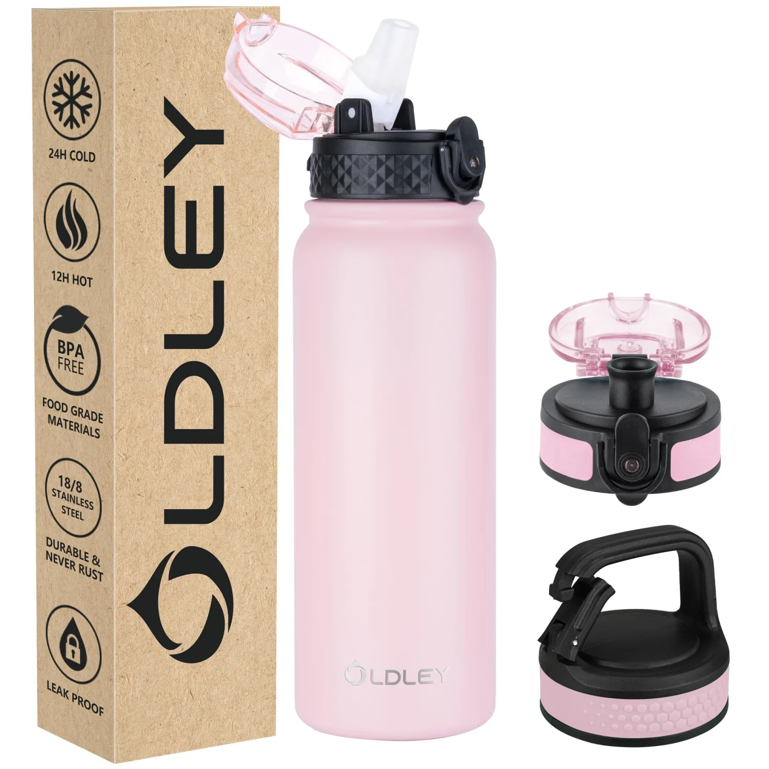 Oldley Insulated Water Bottle 20oz Water Bottles with Straw, Stainless Steel Water Bottle with 3 Lids, Double Wall Vacuum Bottles for Adult Kids, Sports Bottles for School Travel, Pink