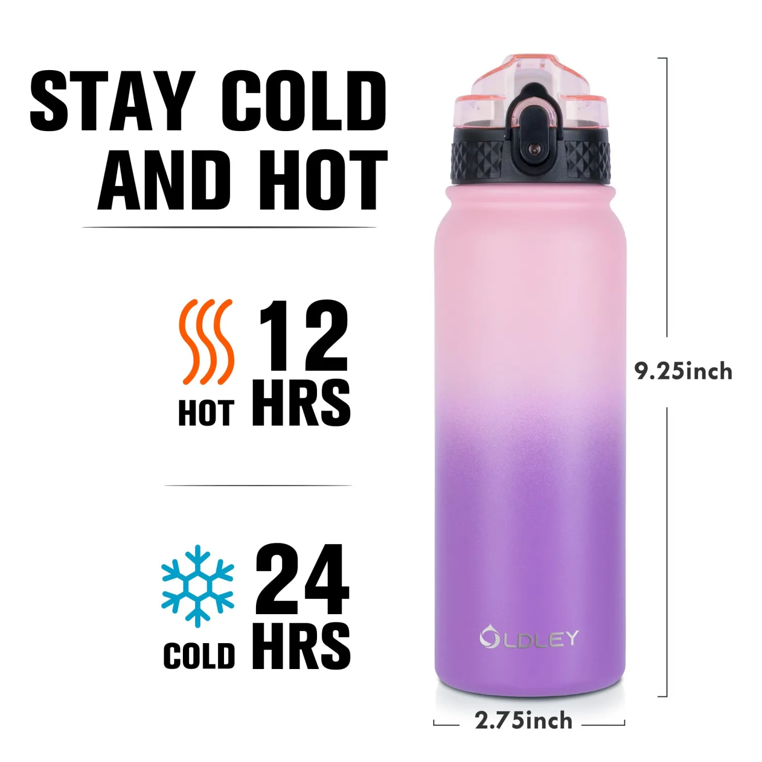 OLDLEY Insulated Water Bottle 20oz Water Bottles with Straw, Stainless Steel Water Bottle with 3 Lids, Double Wall Vacuum Bottles for Adult Kids, Sports Bottles for School Travel, Ombre Pink-Purple