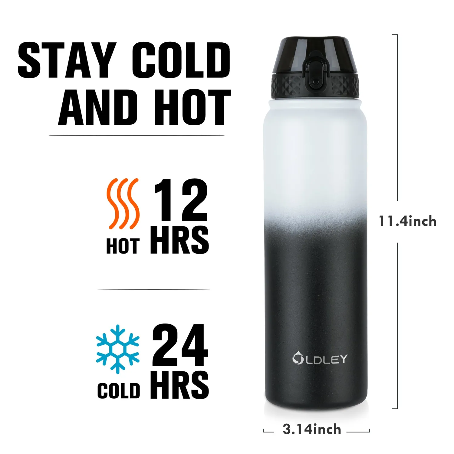 Oldley Insulated Water Bottle 32oz Water Bottles with Straw, Stainless Steel Water Bottle with 3 Lids, Double Wall Vacuum Thermo for Adults Kids,Leak-Proof Sport Bottles for School Travel, White Black