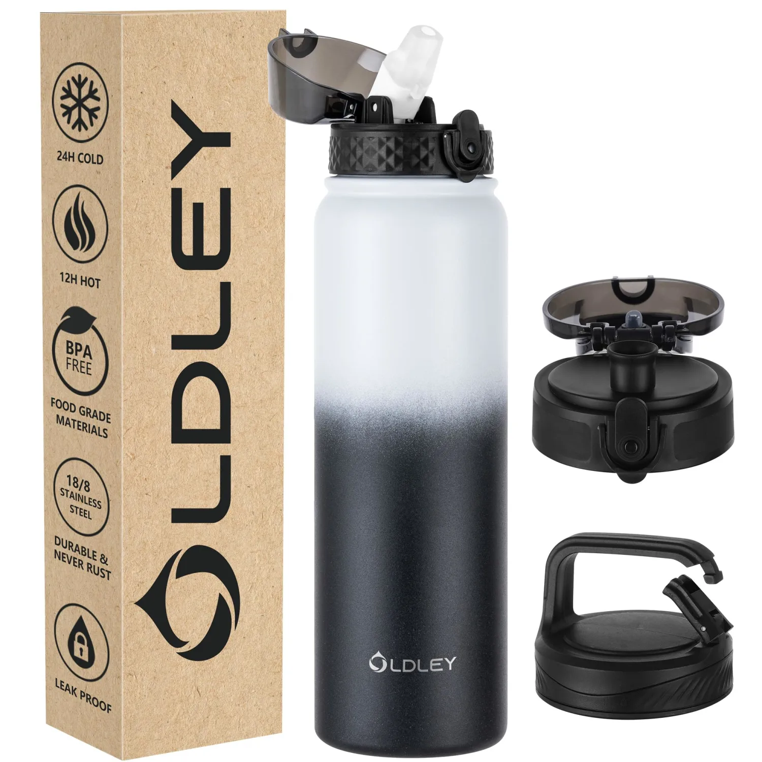 Oldley Insulated Water Bottle 32oz Water Bottles with Straw, Stainless Steel Water Bottle with 3 Lids, Double Wall Vacuum Thermo for Adults Kids,Leak-Proof Sport Bottles for School Travel, White Black