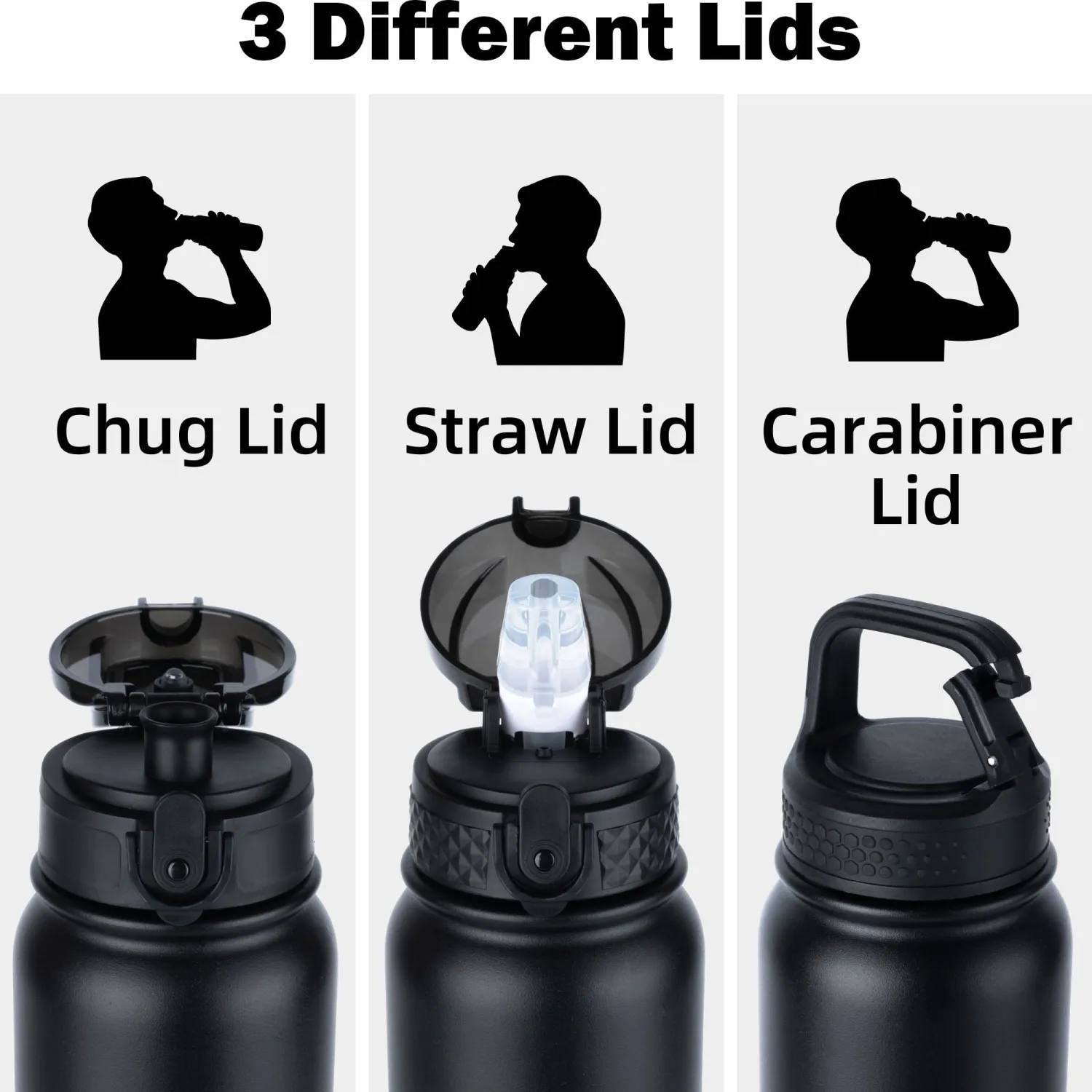 Oldley Insulated Water Bottle 20oz Water Bottles with Straw, Stainless Steel Water Bottle with 3 Lids, Double Wall Vacuum Bottles for Adult Kids, Sports Bottles for School Travel, Black