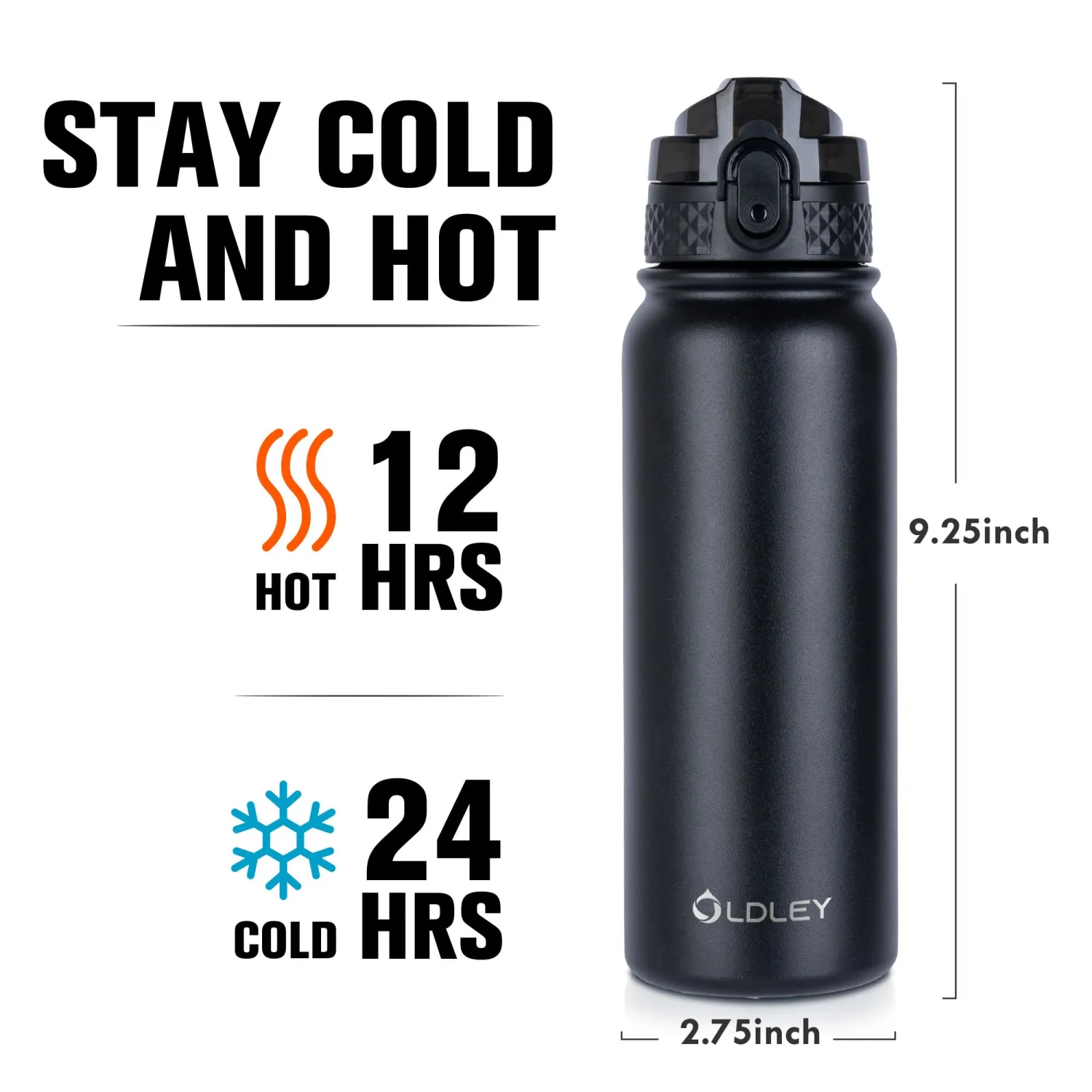 Oldley Insulated Water Bottle 20oz Water Bottles with Straw, Stainless Steel Water Bottle with 3 Lids, Double Wall Vacuum Bottles for Adult Kids, Sports Bottles for School Travel, Black