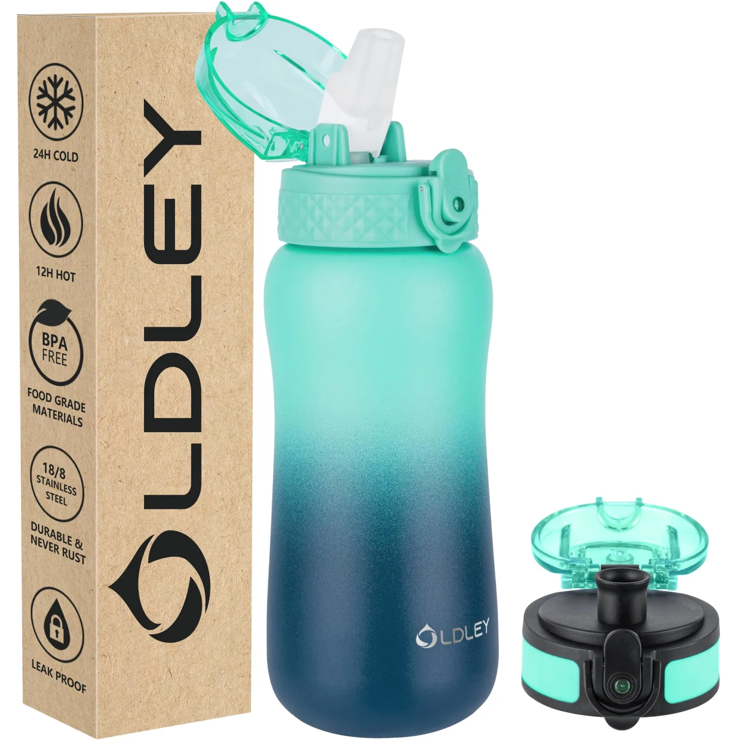 Oldley Insulated Water Bottle 12oz Kids Water Bottles with Straw, Stainless Steel Water Bottle with 2 Lids,Double Wall Vacuum Bottle, Leak-Proof Sport Bottles for School Travel, Caribbean Blue