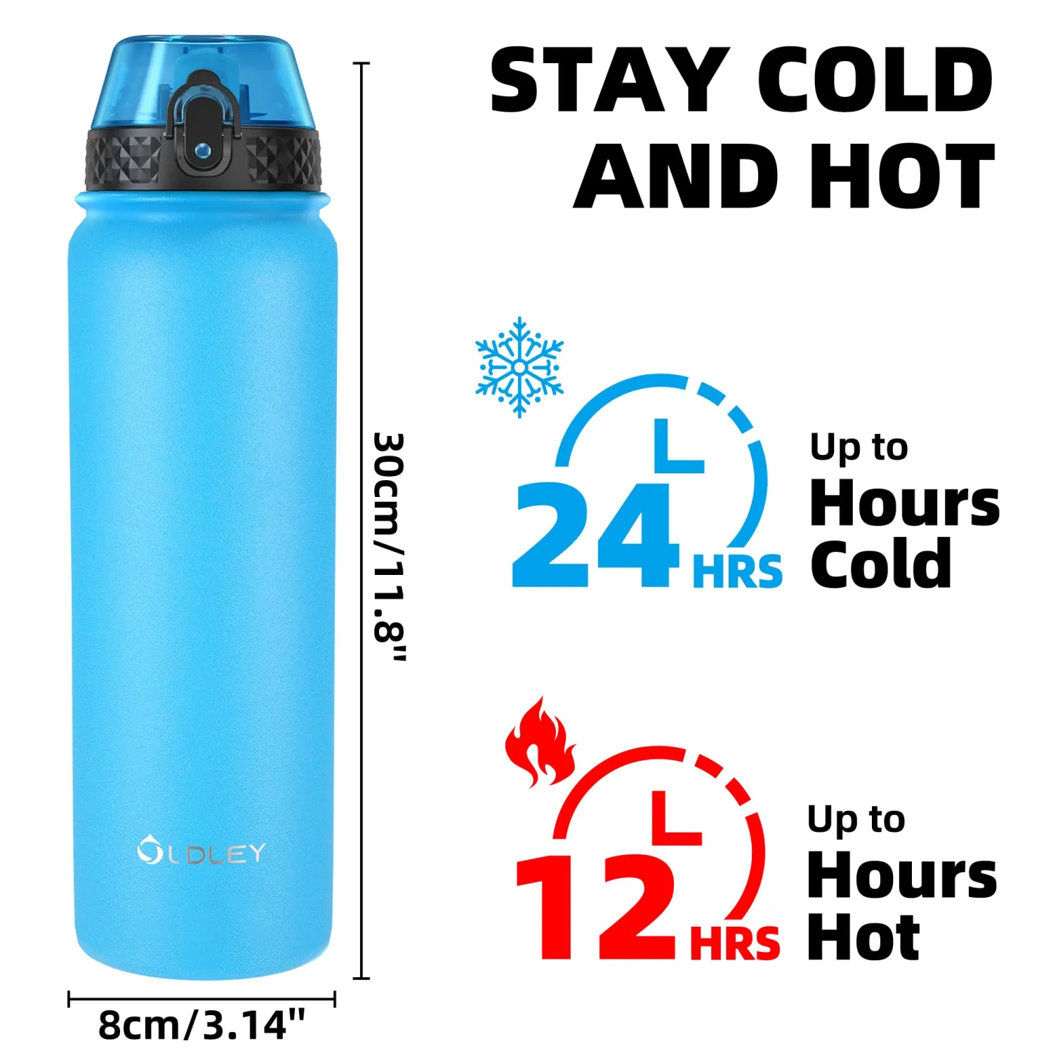 OLDLEY Insulated Water Bottle 32oz Water Bottles with Straw, Stainless Steel Water Bottle with 3 Lids, Double Wall Vacuum Bottles for Adult Kids, Sports Bottles for School Travel,Blue