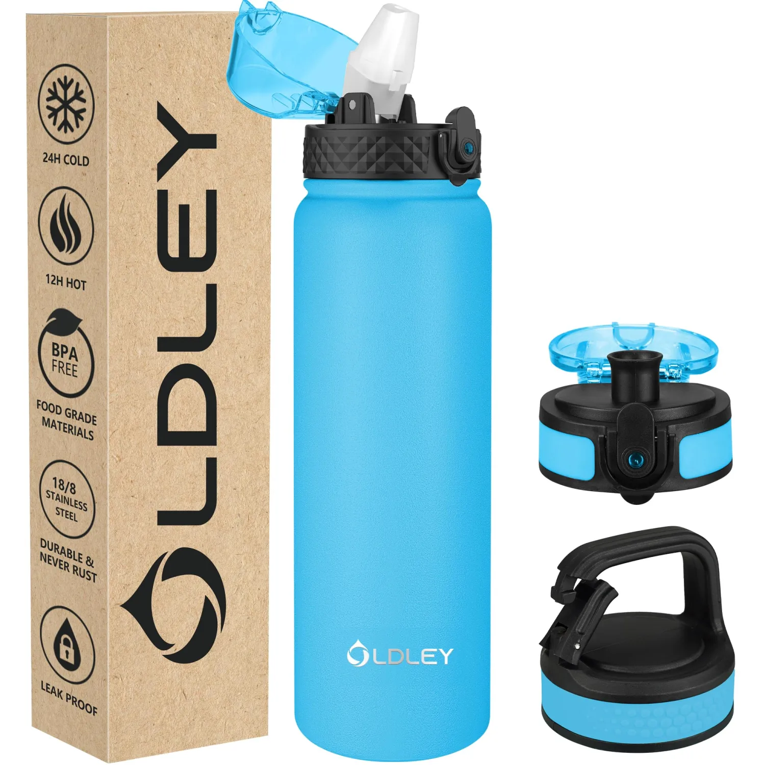 OLDLEY Insulated Water Bottle 32oz Water Bottles with Straw, Stainless Steel Water Bottle with 3 Lids, Double Wall Vacuum Bottles for Adult Kids, Sports Bottles for School Travel,Blue