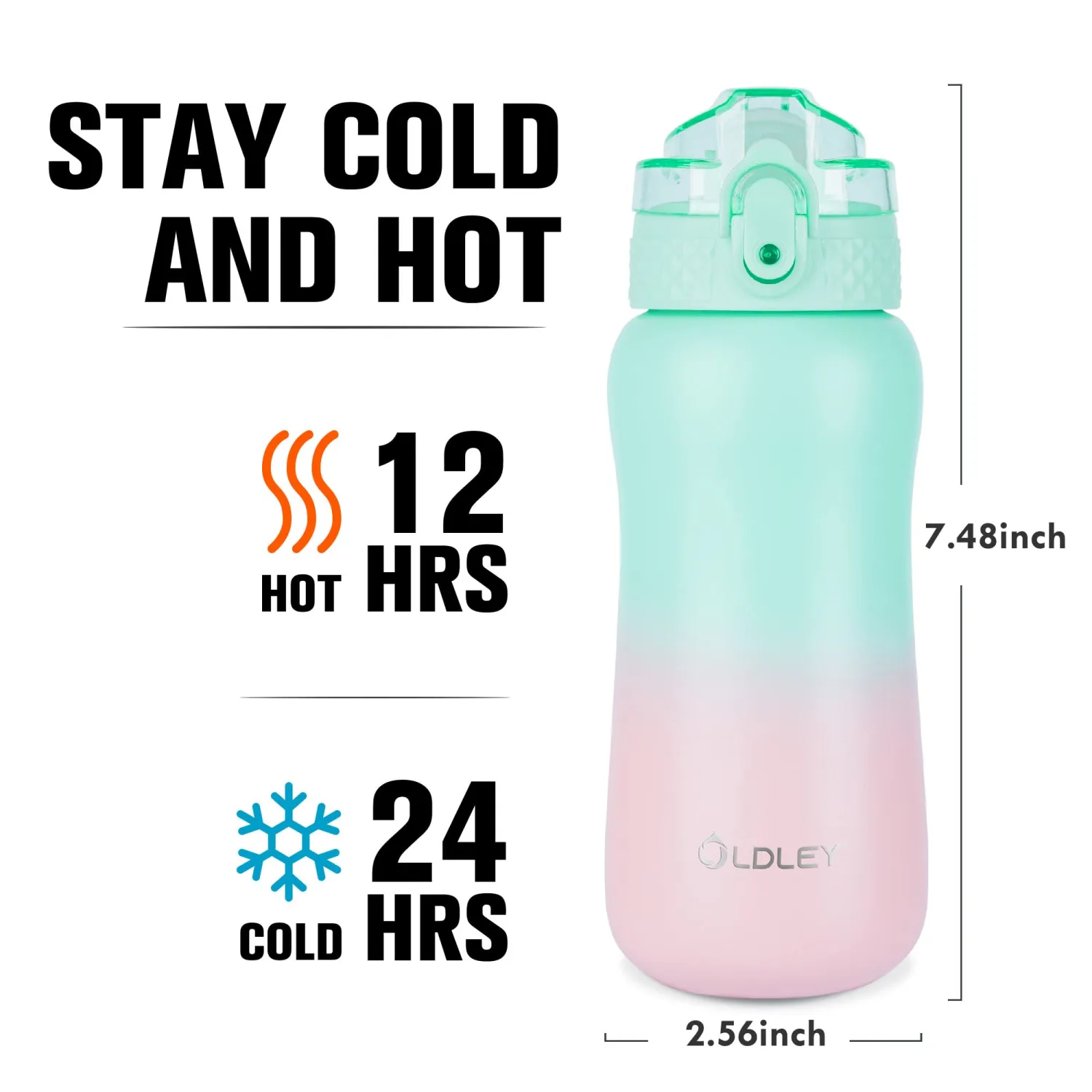 OLDLEY Insulated Kids' Water Bottle, 12oz - Stainless Steel, Leak-Proof, Double Wall Vacuum, Green-Pink